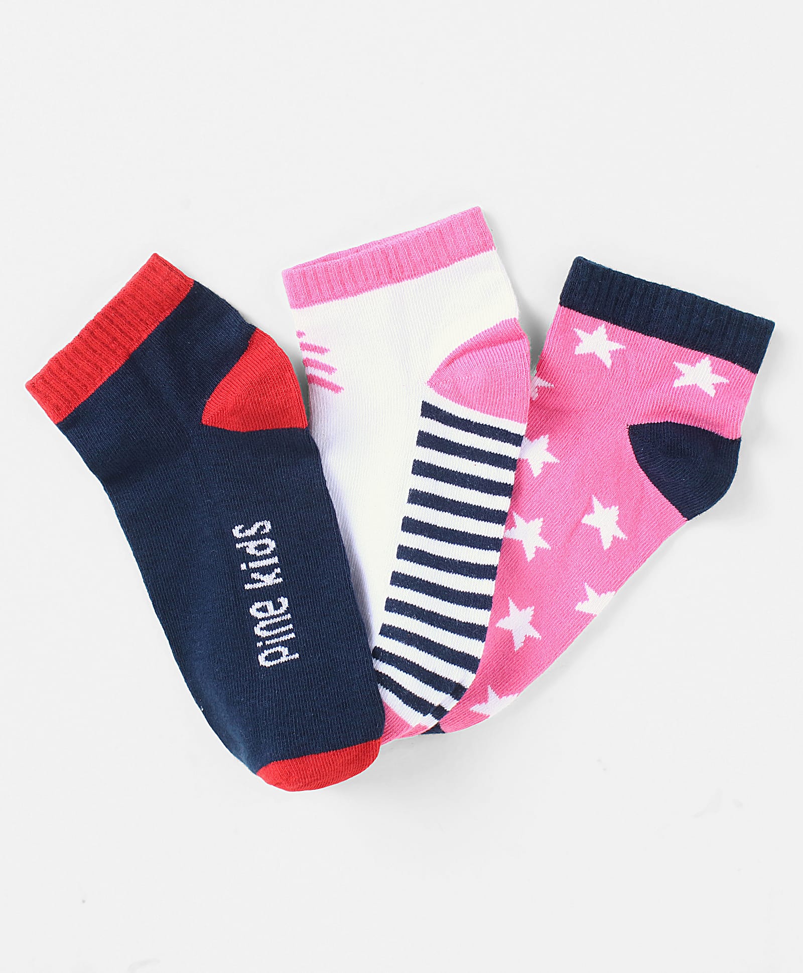 Pine Kids Cotton Nylon Ankle Length Socks Brand Text Stripes & Stars Design Pack of 3 - Red Black & White-image-41