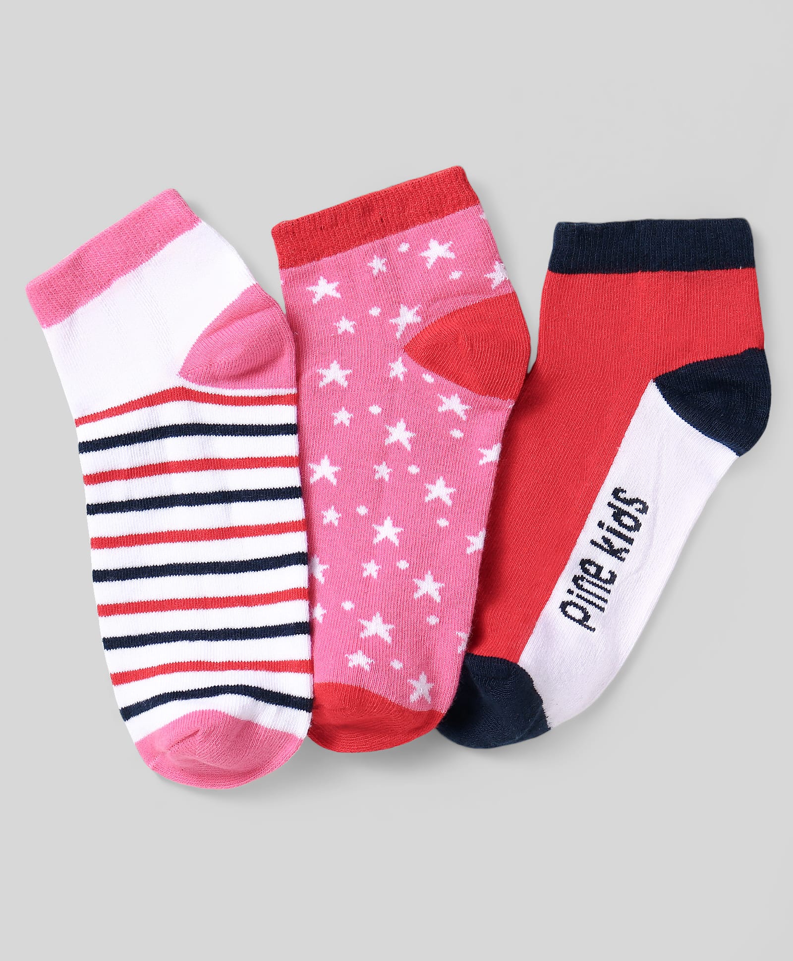 Pine Kids Cotton Knit Ankle Length Socks With Strips & Stars Print - Pink & Red-picture-32
