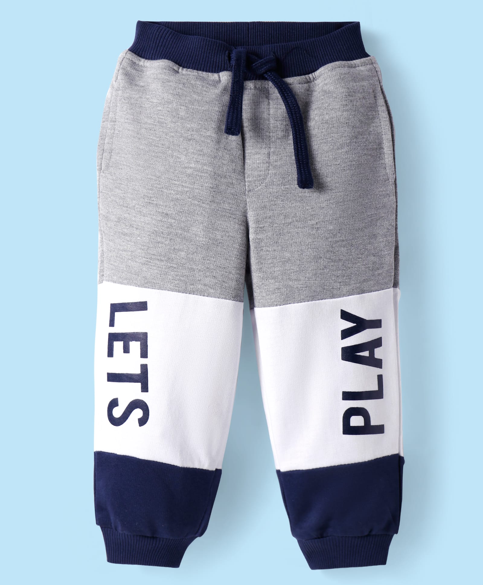 Babyhug Terry Knit Full Length Cut & Sew Lounge Pants with Text Print - Navy Blue WhiteGrey-image-1