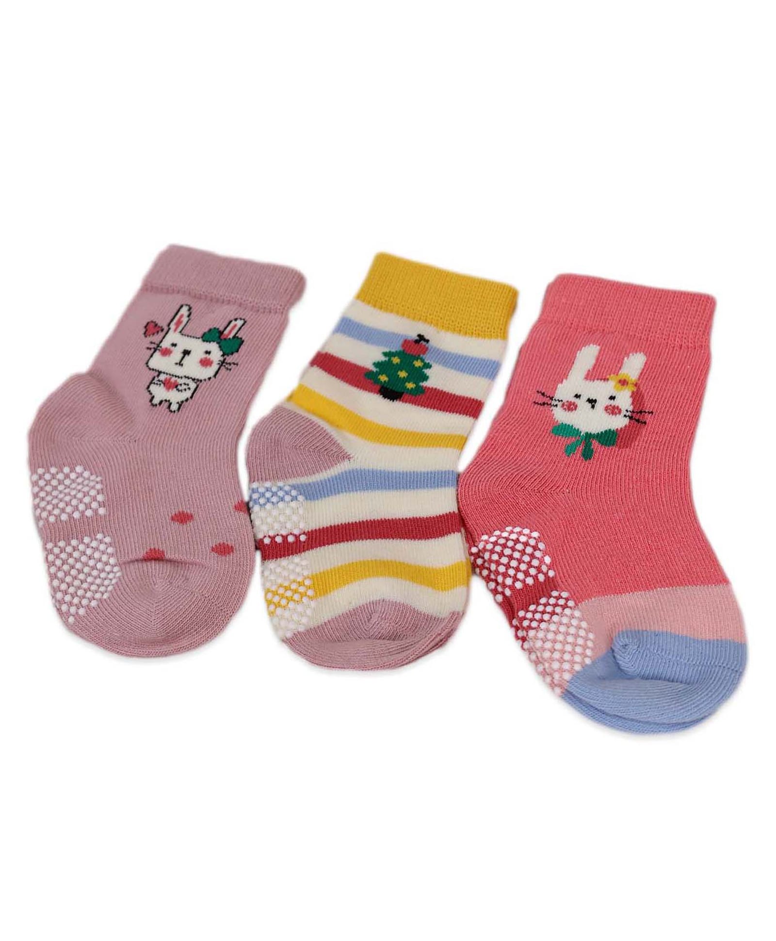 Footprints Pack Of 3 Organic Cotton Floral Printed & Striped Anti Skid Socks - Multi Colour-image-32