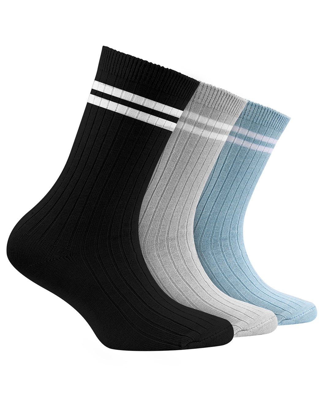 Footprints Set Of 3 Organic Cotton Ribbed Style Socks - Black Grey & Blue-image-45
