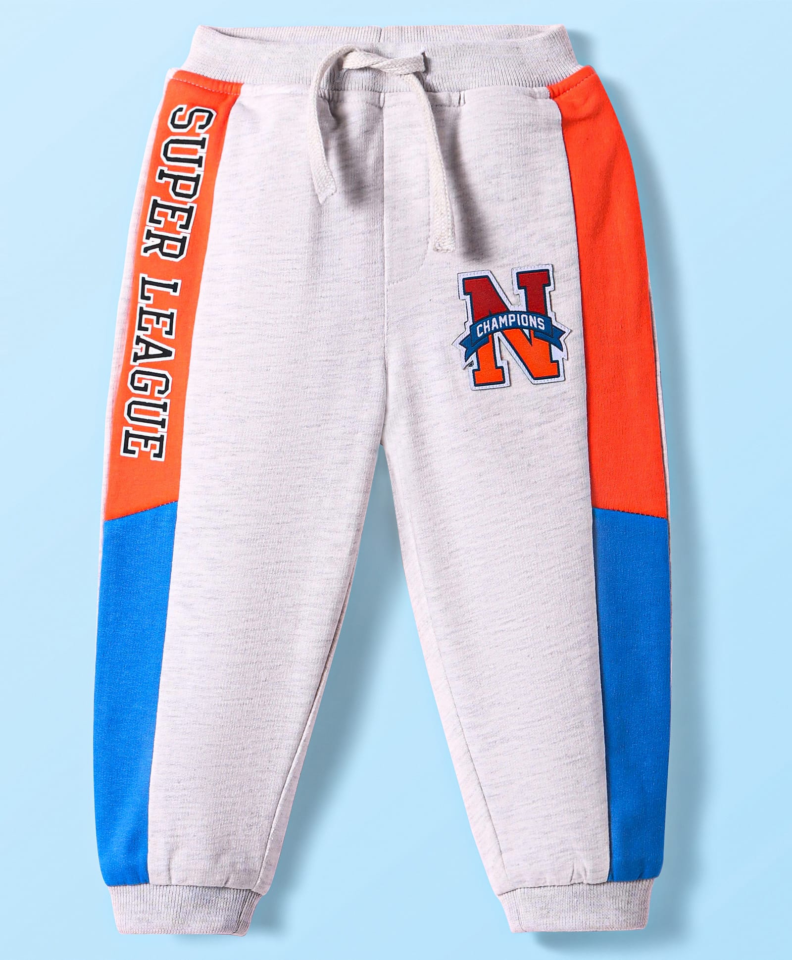 Babyhug French Terry Knit Full Length Track Pants with Text Print Cut & Sew Design - Light Grey-image-46