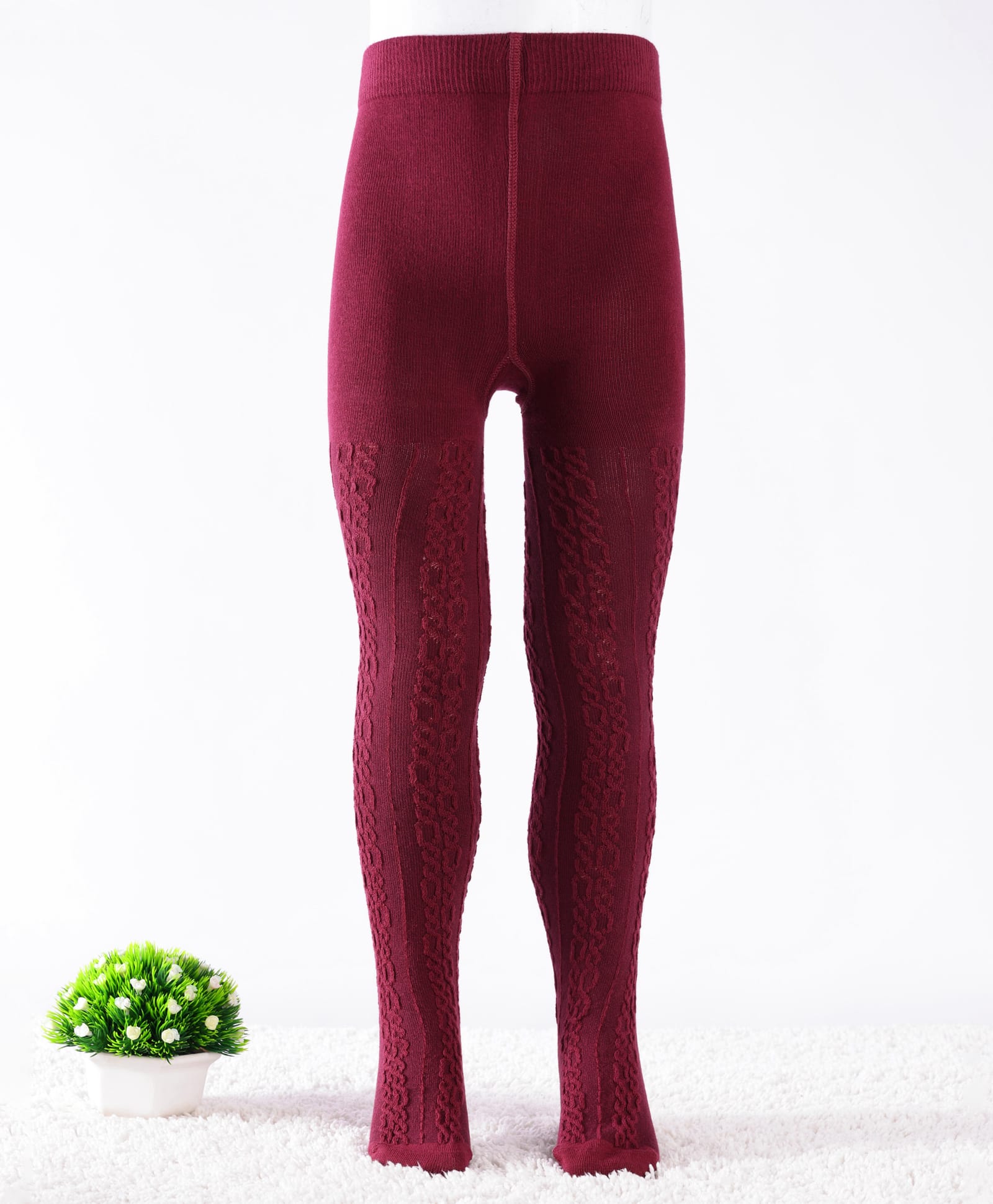 Mustang Cotton Knit Footed Tights with Cable Knit Design - Maroon-image-0