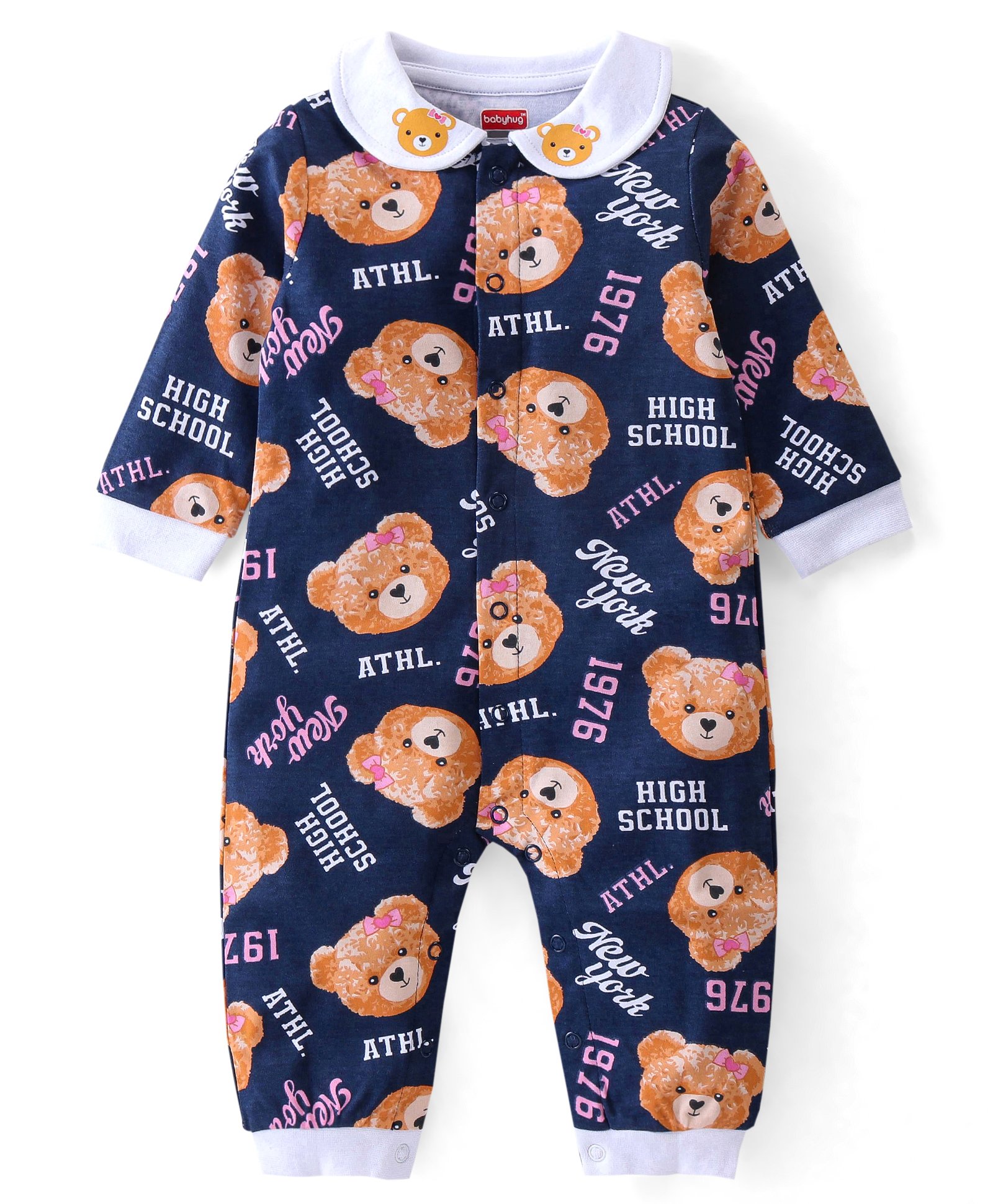 Babyhug 100% Cotton Knit Full Sleeves Collar Neck Romper with Bear Print - Navy Blue-image-4