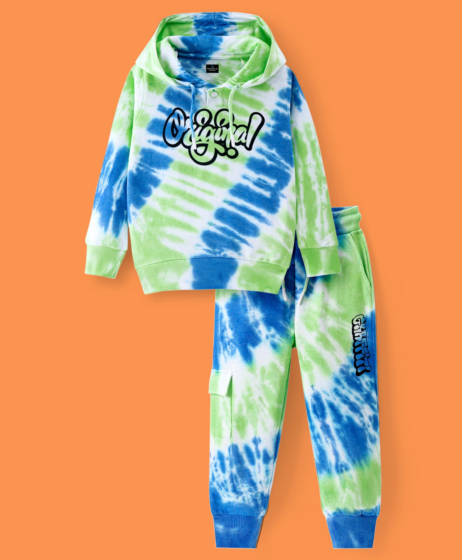 Ollington St. 100% Cotton Knit Full Sleeves Hooded Tie & Dye Sweatshirt & Joggers Co-Ord Set With Text Print - Multicolor-picture-24