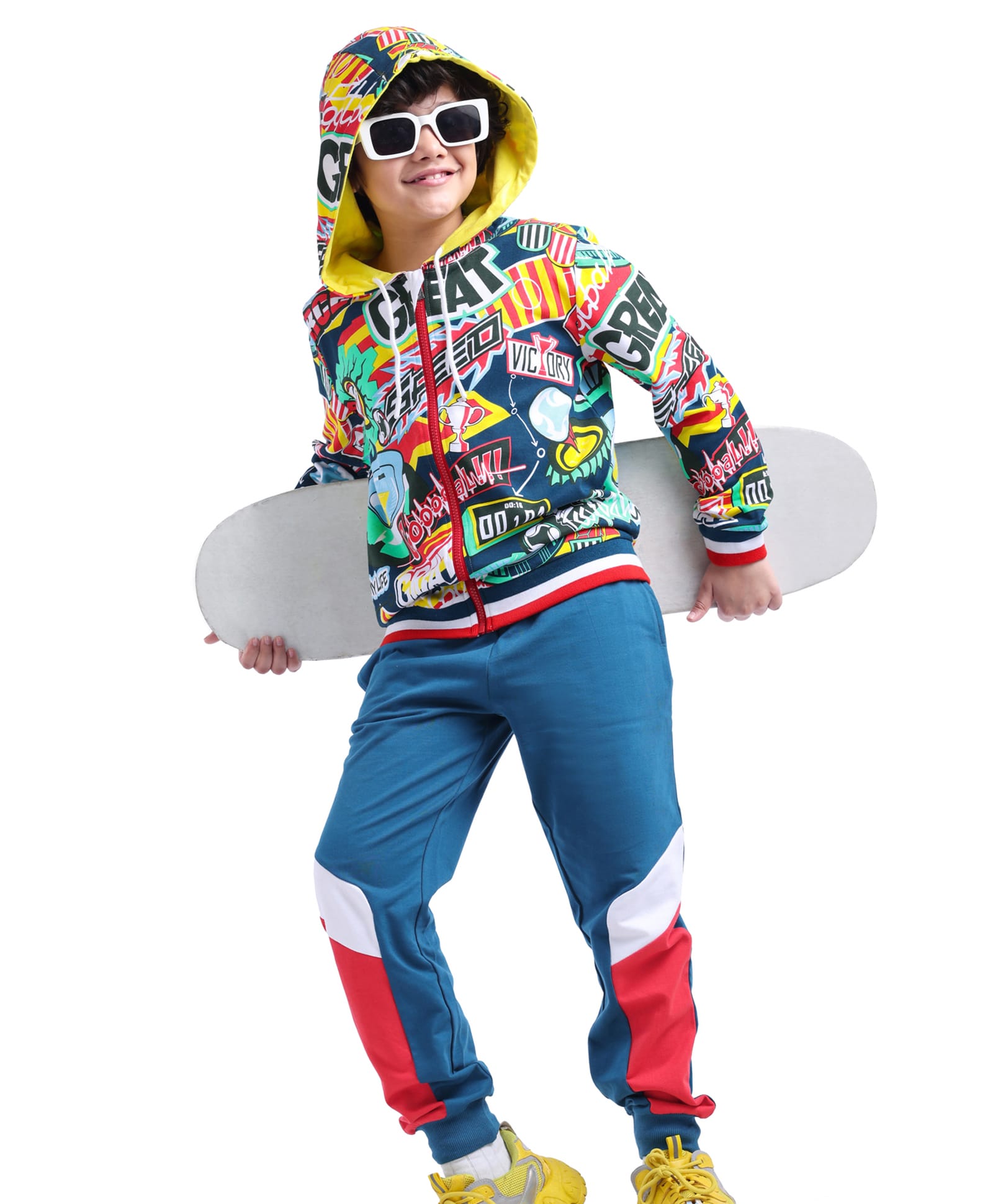Ollington St. 100% Cotton Knit Full Sleeves Hooded Sweatshirt & Joggers Set Text Print -Red Yellow & Blue-picture-30