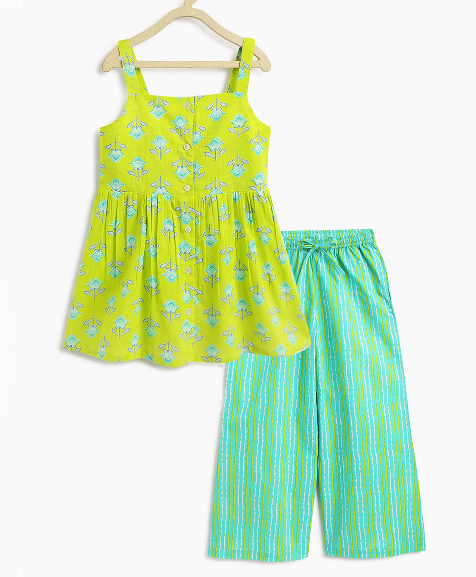 Campana 100% Cotton Sleeveless Floral Printed Tunic With Palazzo Set - Lime & Turquoise-image-6