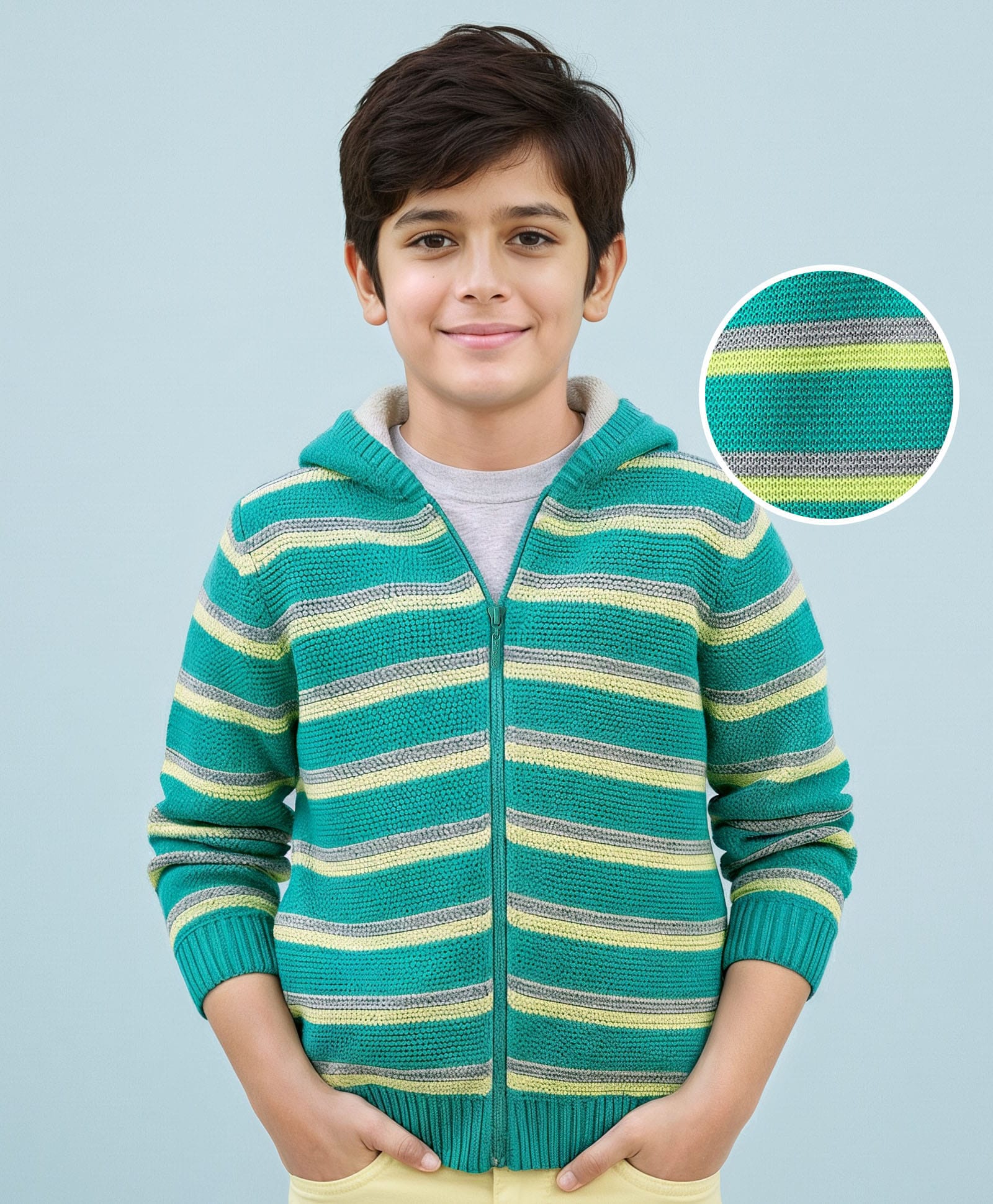 Pine Kids Full Sleeves Front Open Hood Sweater With Stripes - Mint Green-image-47