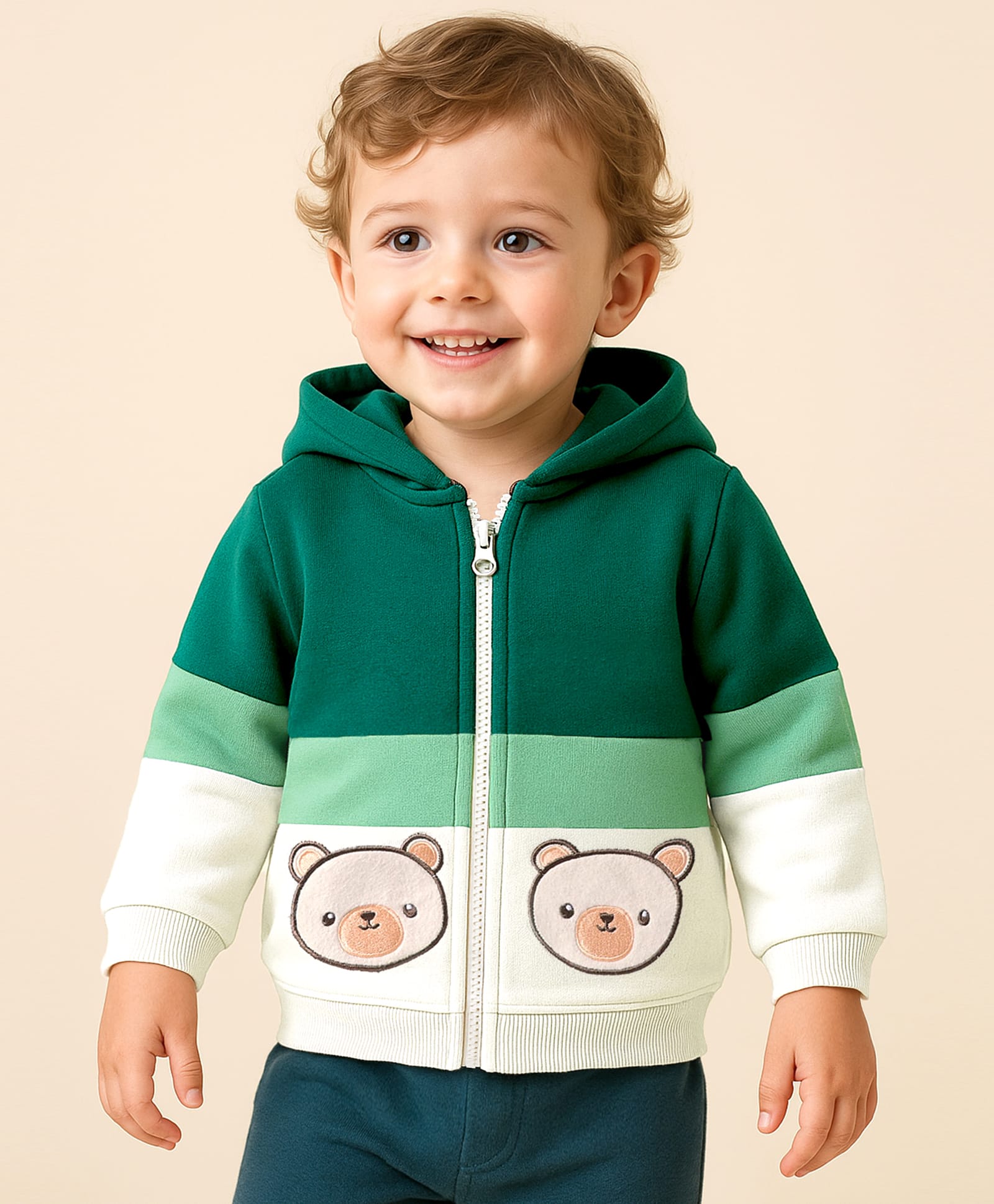 Babyoye Fur Knit Full Sleeves Cut & Sew Hooded Sweatshirt with Bear Patch Detailing - Green-image-15
