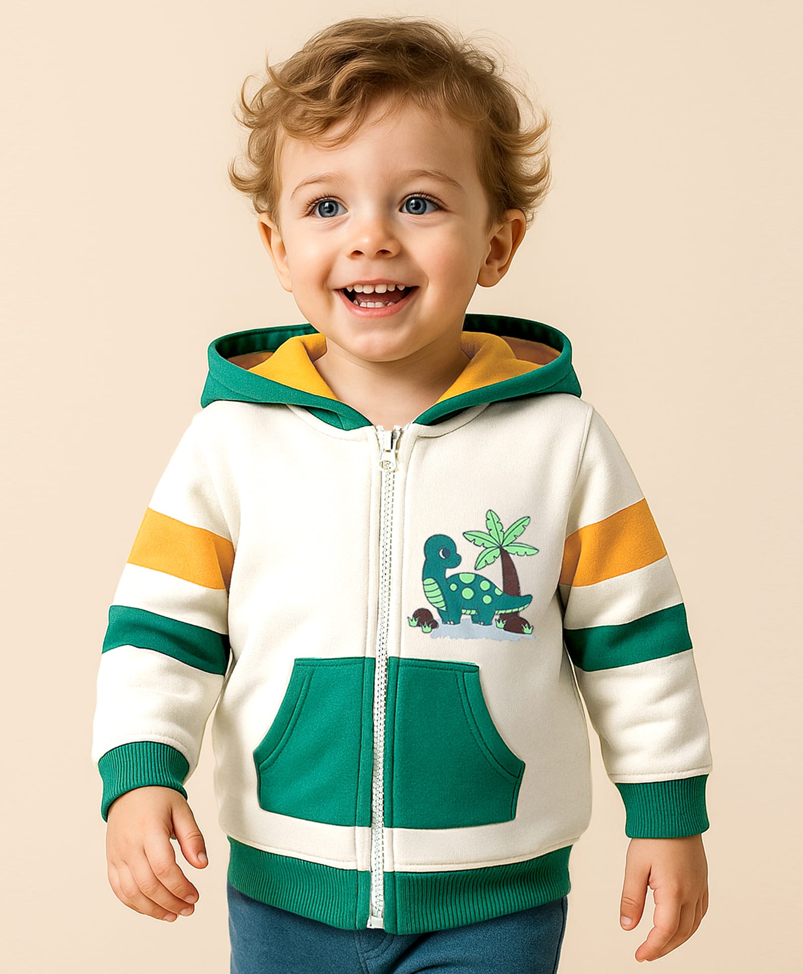 Babyoye 100% Cotton Knit Full Sleeves Hooded Sweat Jacket With Dino Print & Kangaroo Pockets - White & Green-picture-45
