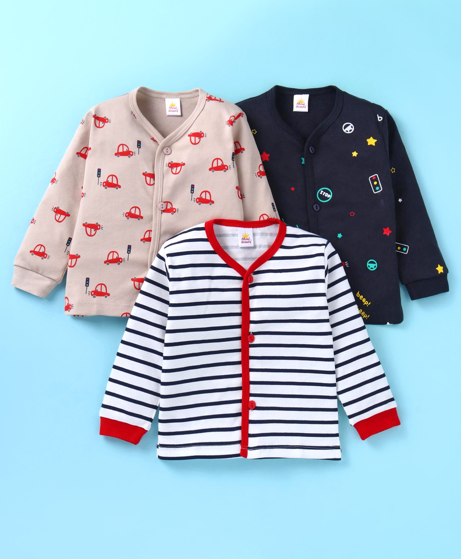 Mini Donuts Full Sleeves Front Open Vests with Stripes & Vehicles Print  Pack Of 3 - Grey & Red-image-38