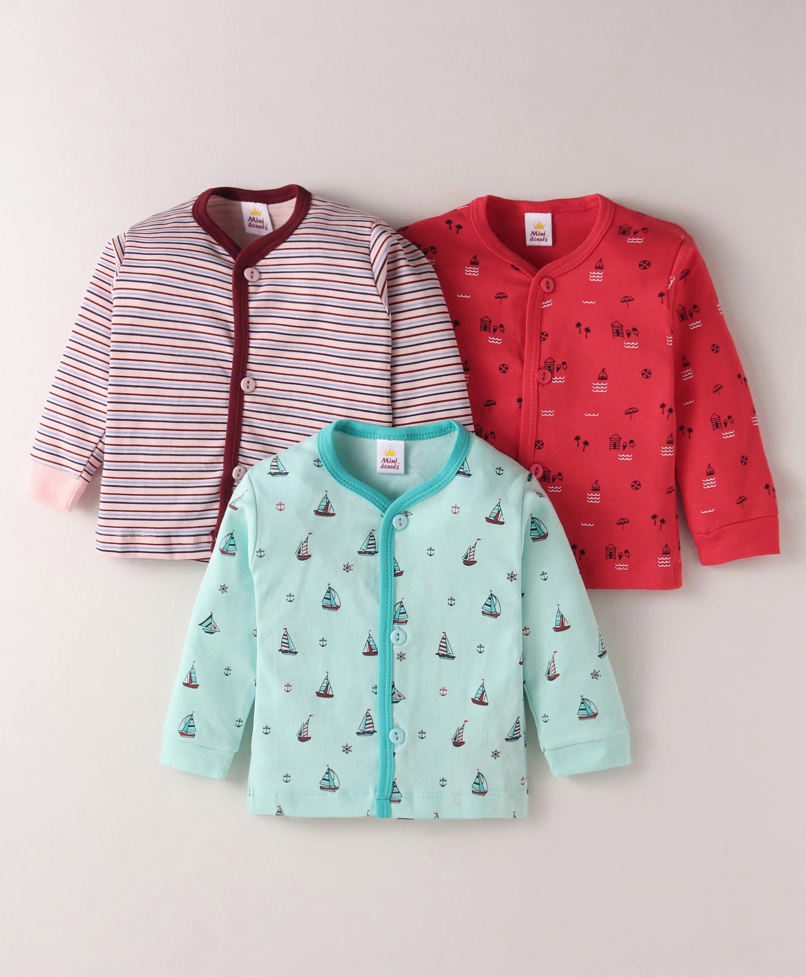 Mini Donuts Interlock Knit Full Sleeves Front Open Vests with Stripes & Boat Print Pack of 3 - Sea Green Peach & Red-picture-14