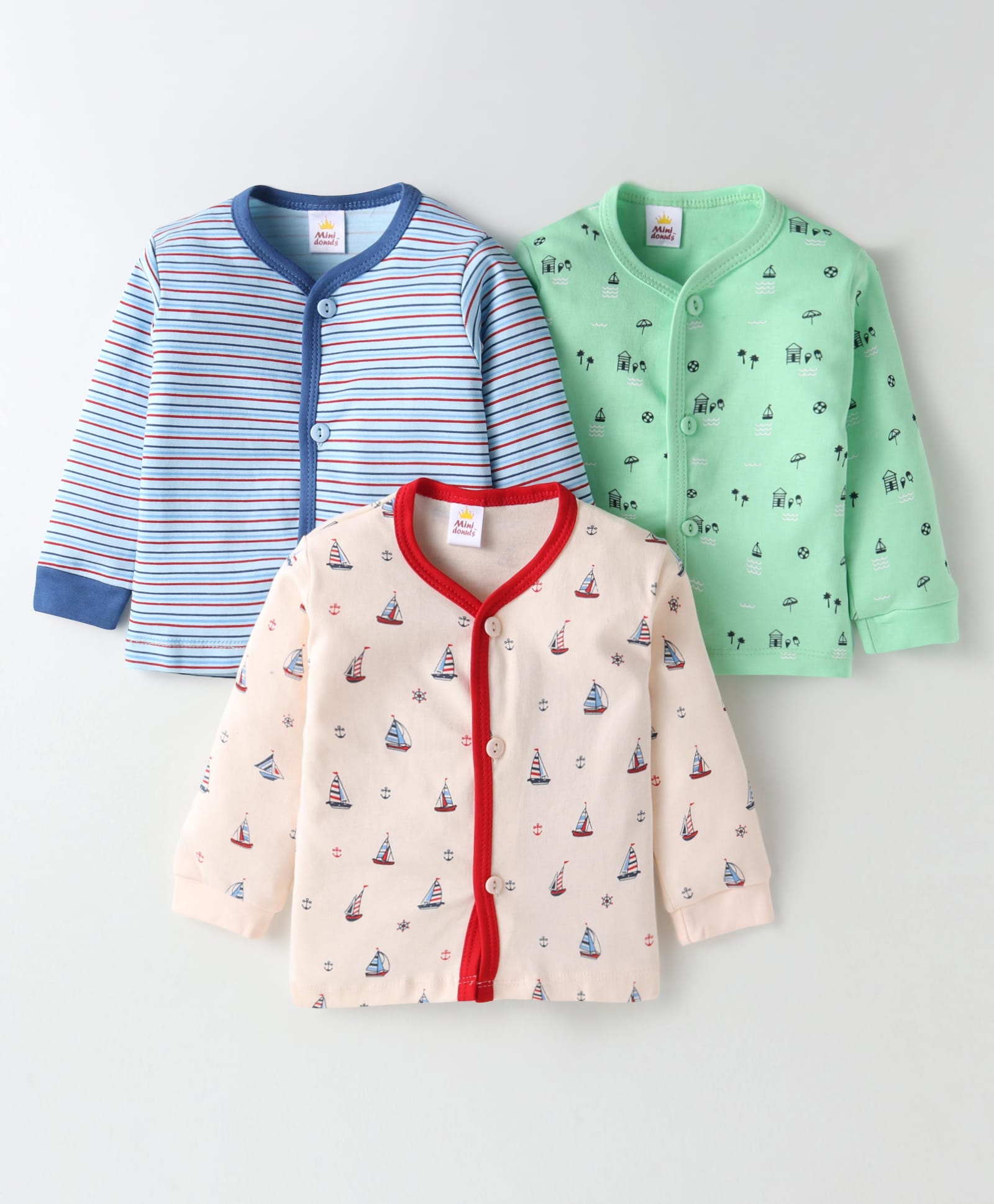 Mini Donuts Interlock Knit Full Sleeves Front Open Vests With Stripes & Nautical Theme Print Pack of 3 - Blue Red & Green-picture-21