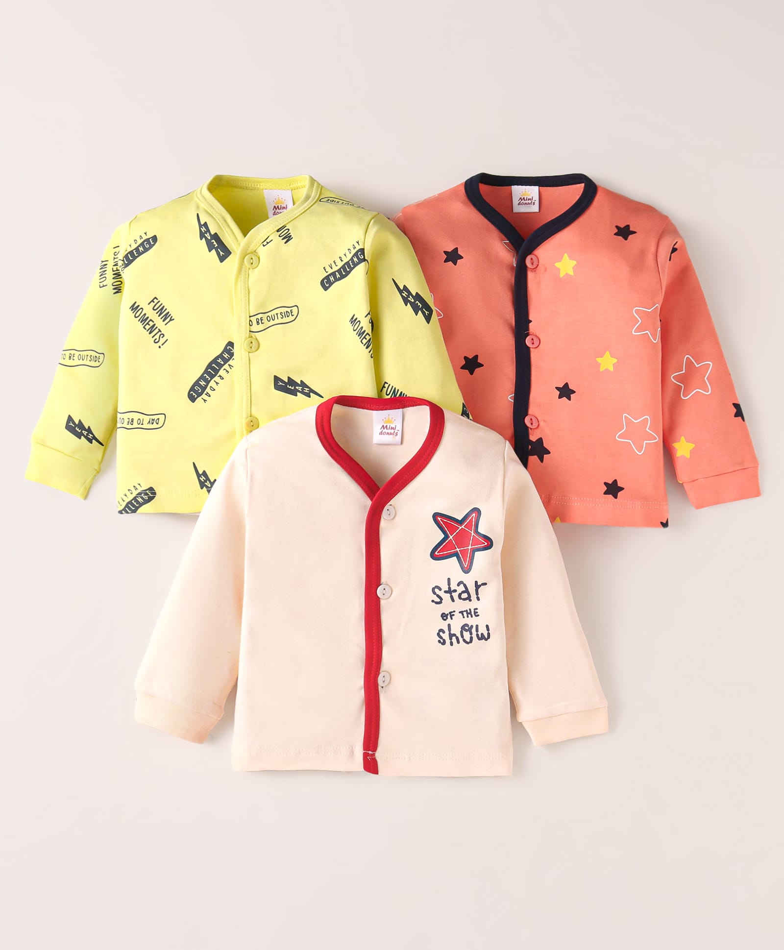 Mini Donuts Interlock Knit Full Sleeves Front Open Vests with Star & Text Print Pack of 3 - Orange Lemon Yellow & Cream-image-44