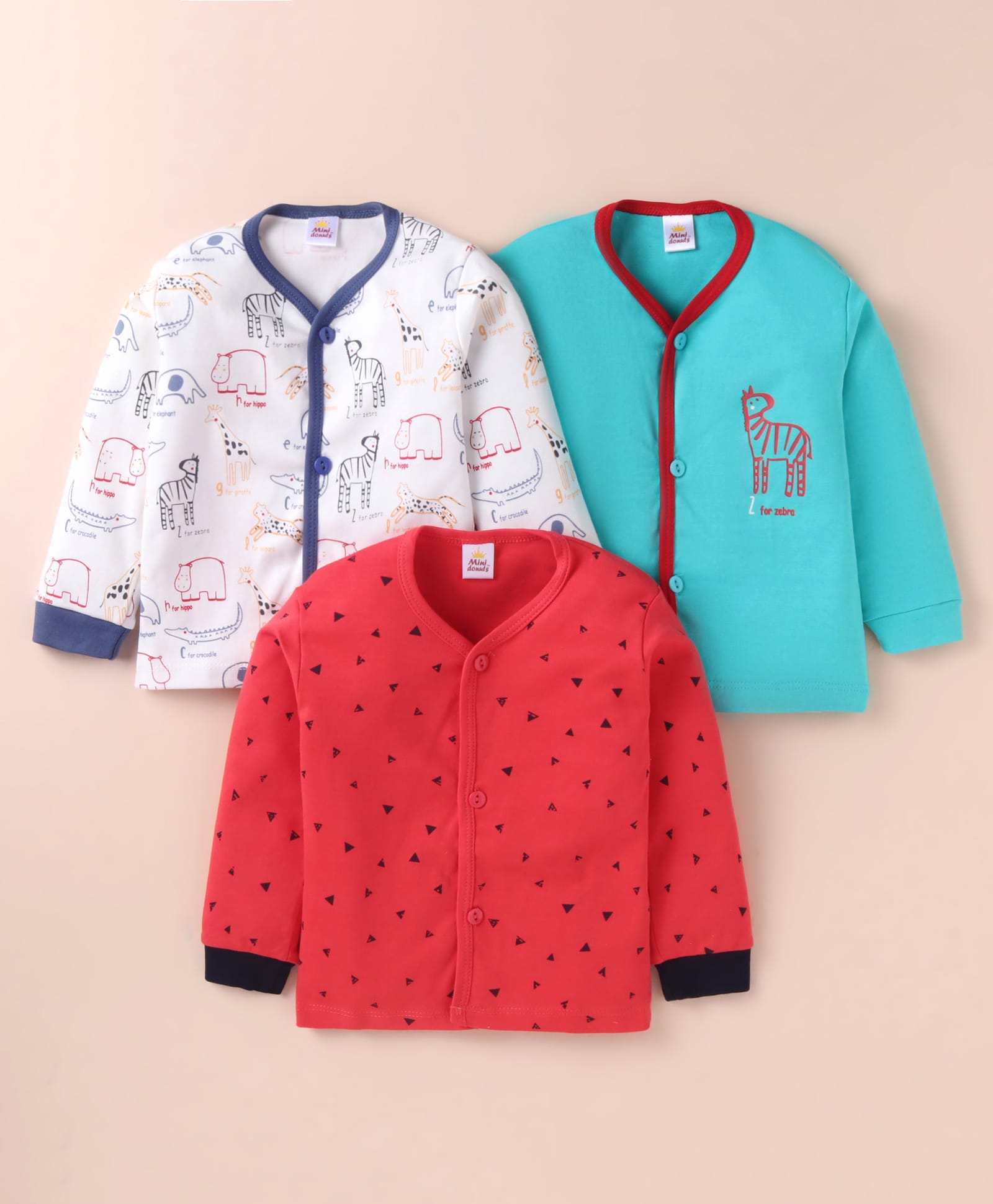 Mini Donuts Interlock Knit Full Sleeves Animal Printed Vests Pack of 3 - White Red & Blue-image-32