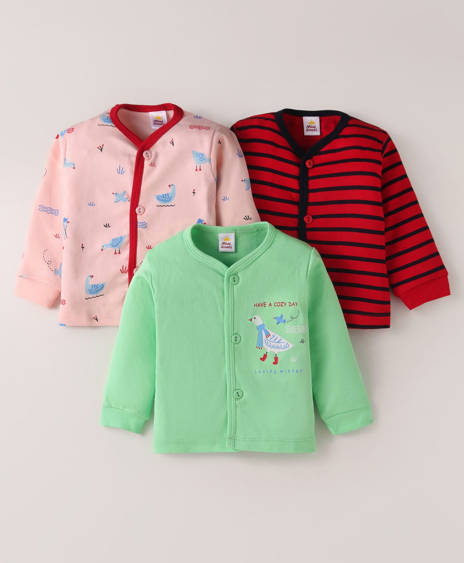 Mini Donuts Interlock Knit Full Sleeves Striped Sparrow Printed Front Open Vests Pack of 3 - Pink Red & Green-image-46