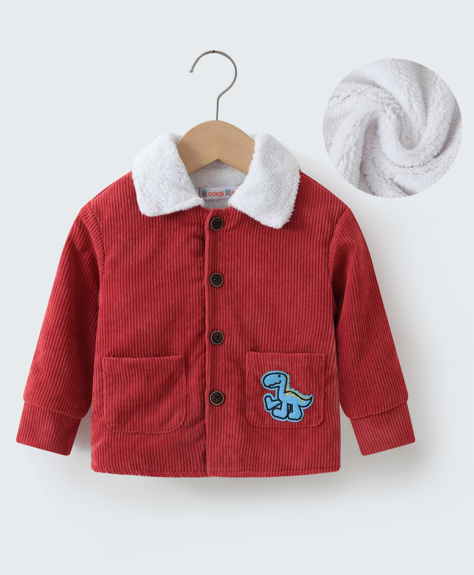 Kookie Kids Full Sleeves Solid Colour Winter Jacket with Fur Detailing at Collar & Dino Patch  - Red-image-43
