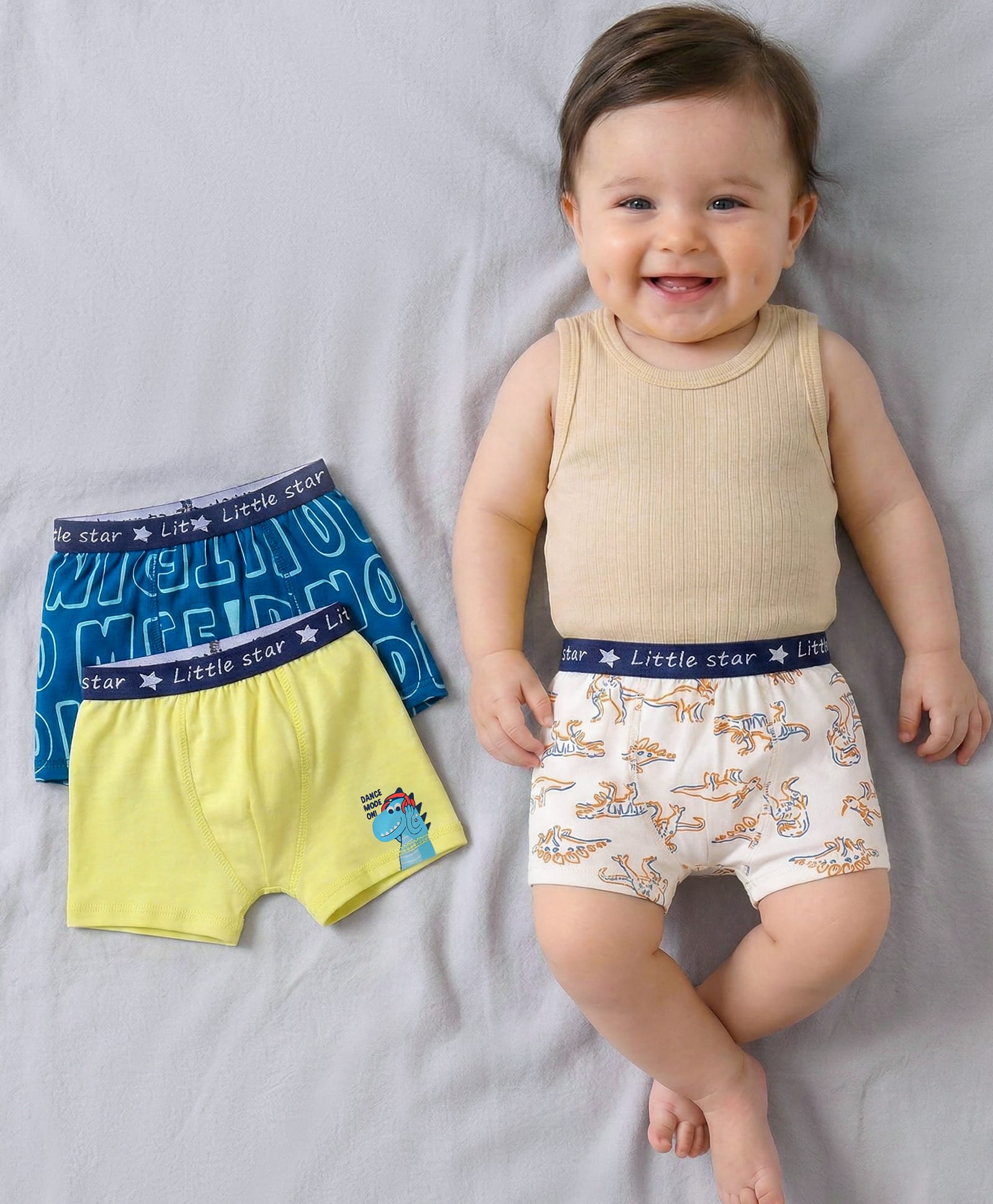 Babyoye Cotton Knit Boxerswith Dino & Text Print Pack of 3 - Yellow Off White & Blue-image-45