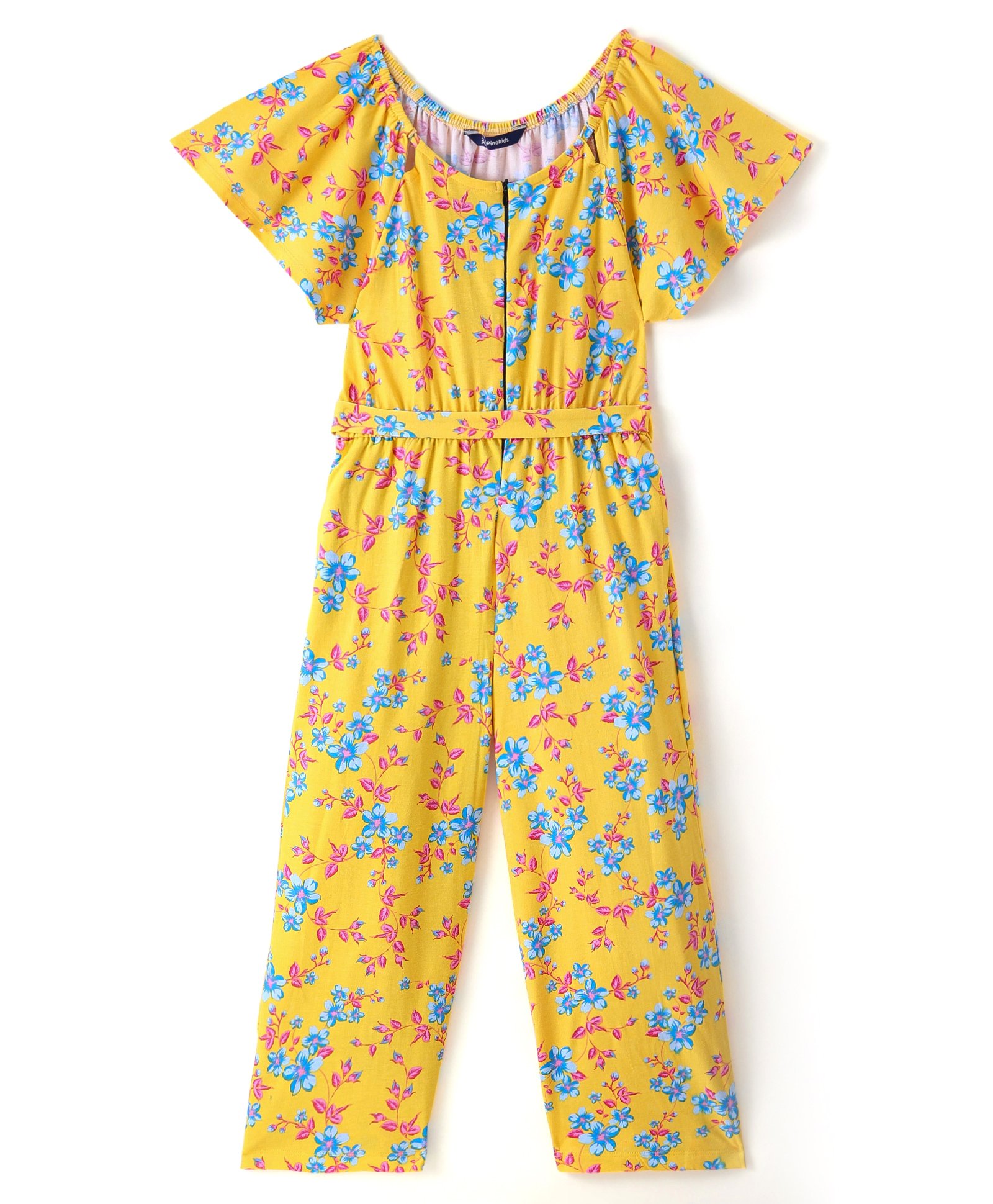Pine Kids Cotton Knit Flutter Sleeves Jumpsuit Floral Print - Yellow-image-30