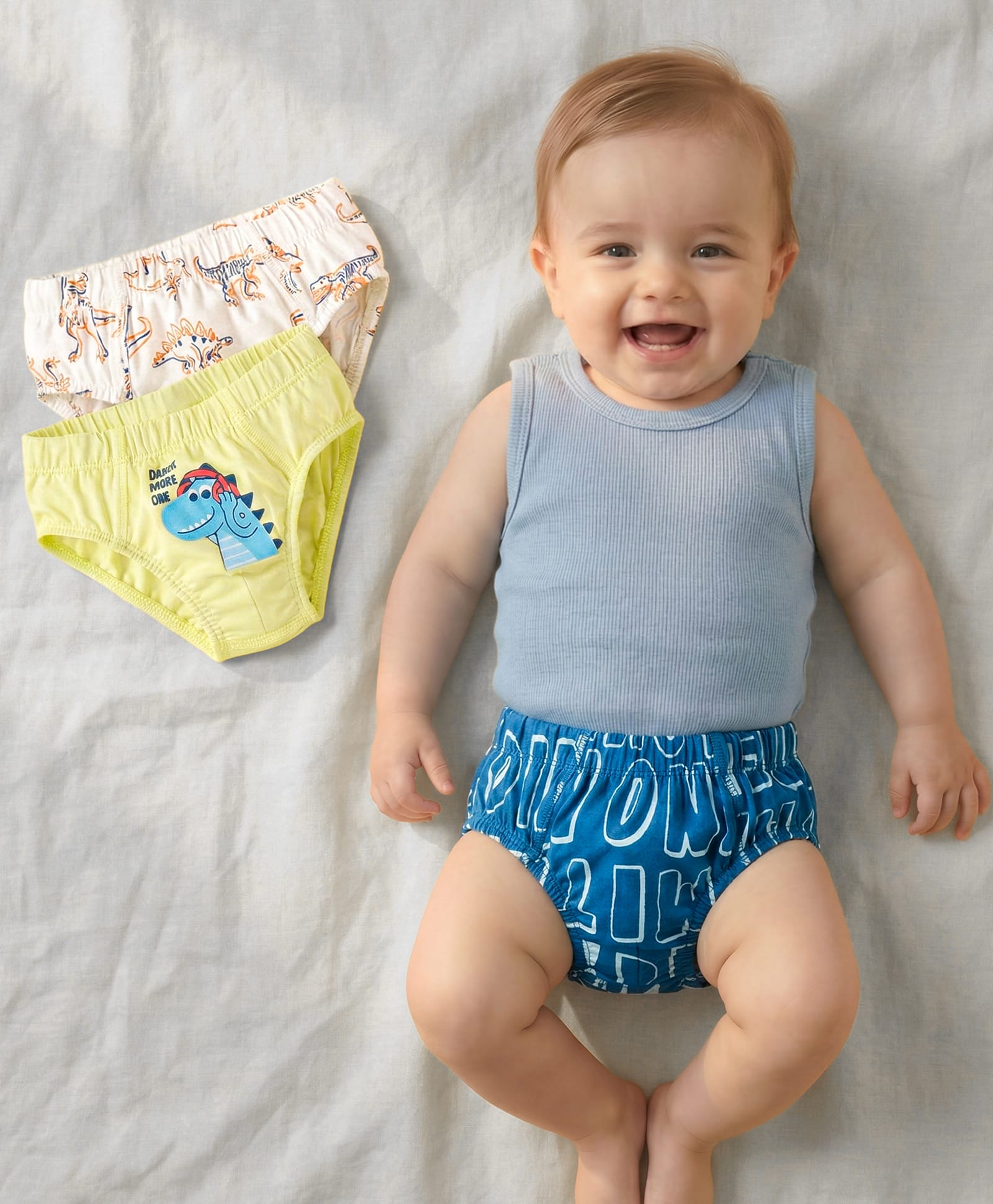 Babyoye Cotton Elastane Knit Briefs with Text & Dino Print Pack Of 3 - Blue Yellow & White-picture-28