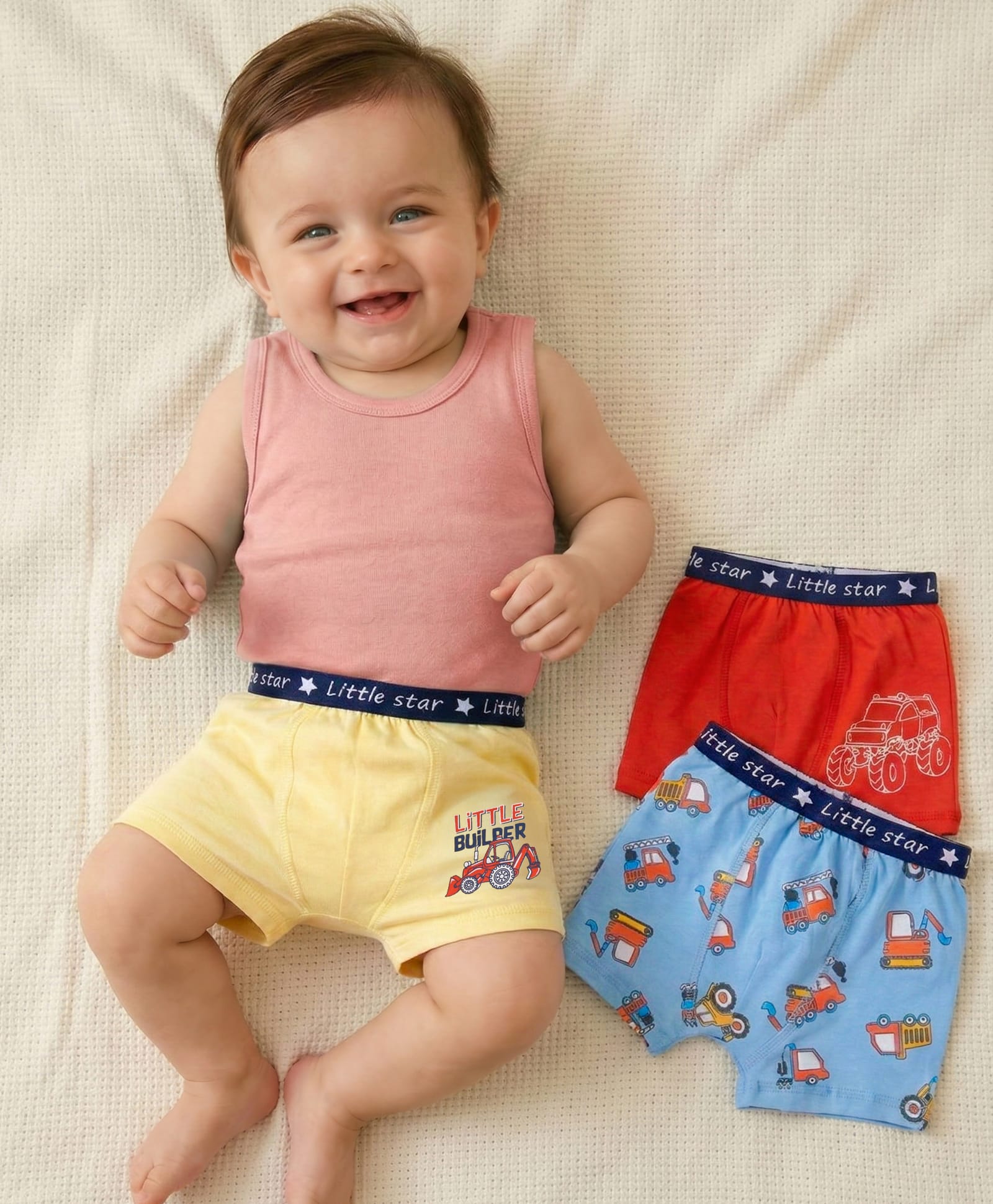 Babyoye Cotton Spandex Knit Boxers with JCB Print Pack of 3 - Red Yellow & Light Blue-image-16