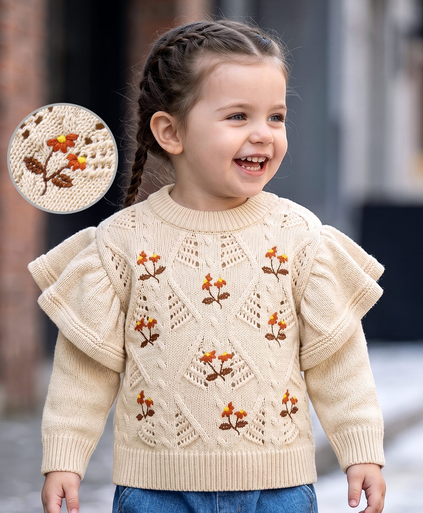 Babyoye 100% Cotton Knitted Full Sleeves Pullover Sweater with Floral Embroidery & Frill Detailing - Beige-picture-20