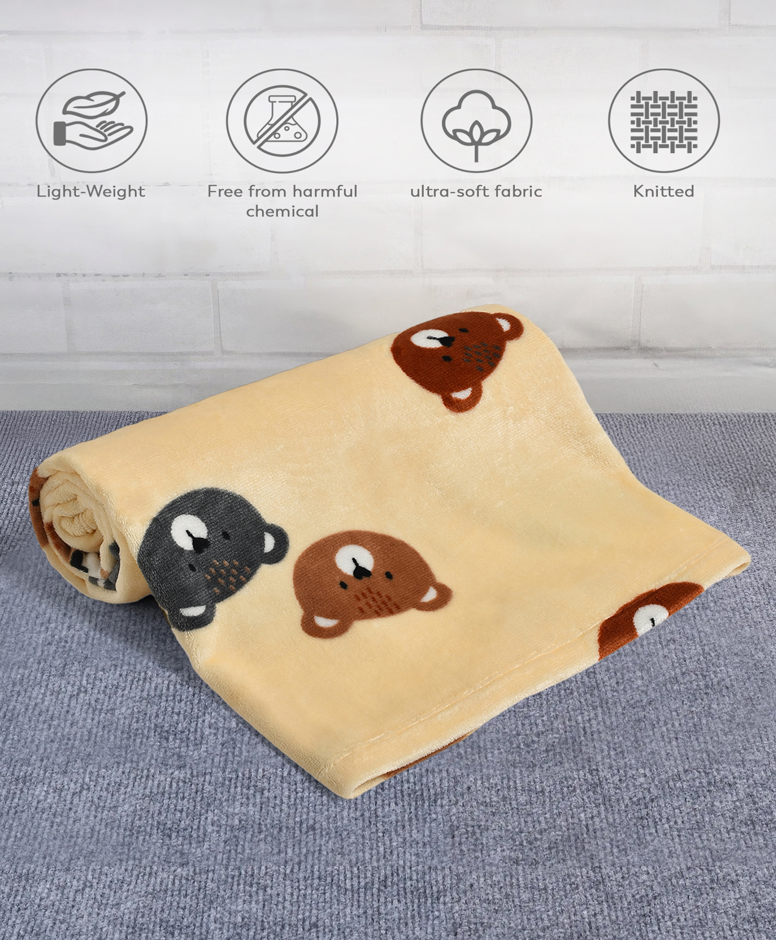 Mi Arcus Teddy Bear Print Soft & Warm Winter Flurry Knitted Blanket - Cream-image-6