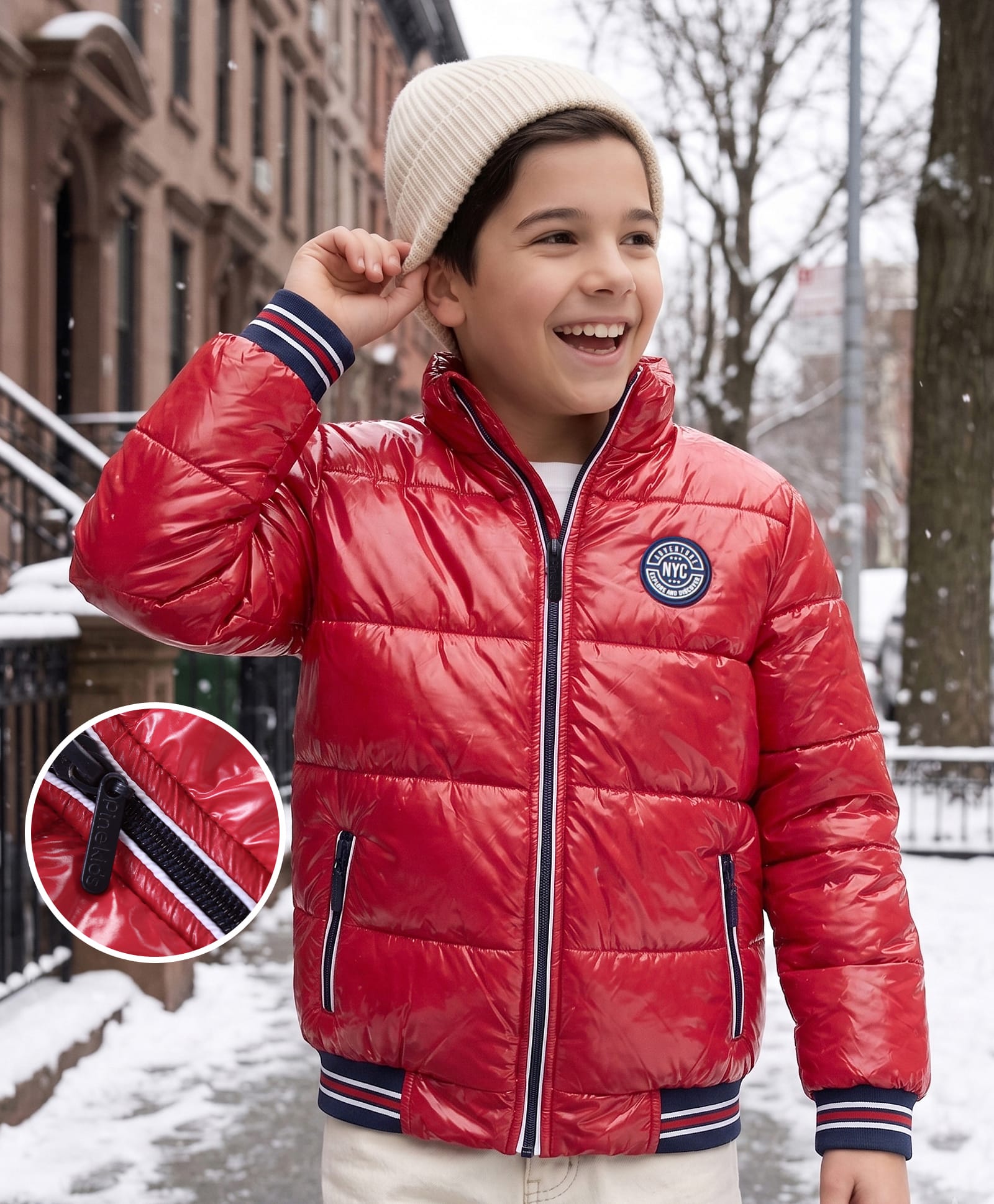 Pine Kids Full Sleeves Padded Bomber Jacket with Badge Applique - Red-image-9