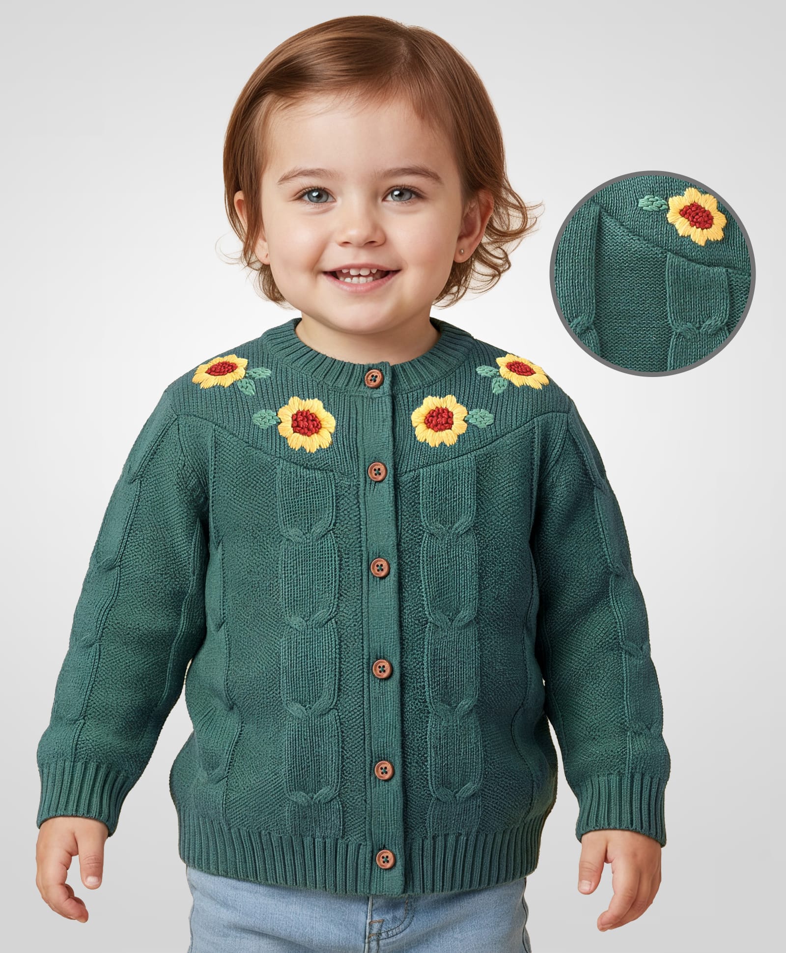 Babyoye 100% Cotton Solid Dyed Full Sleeves Front Open Sweater Floral Embroidery - Teal Blue-image-23