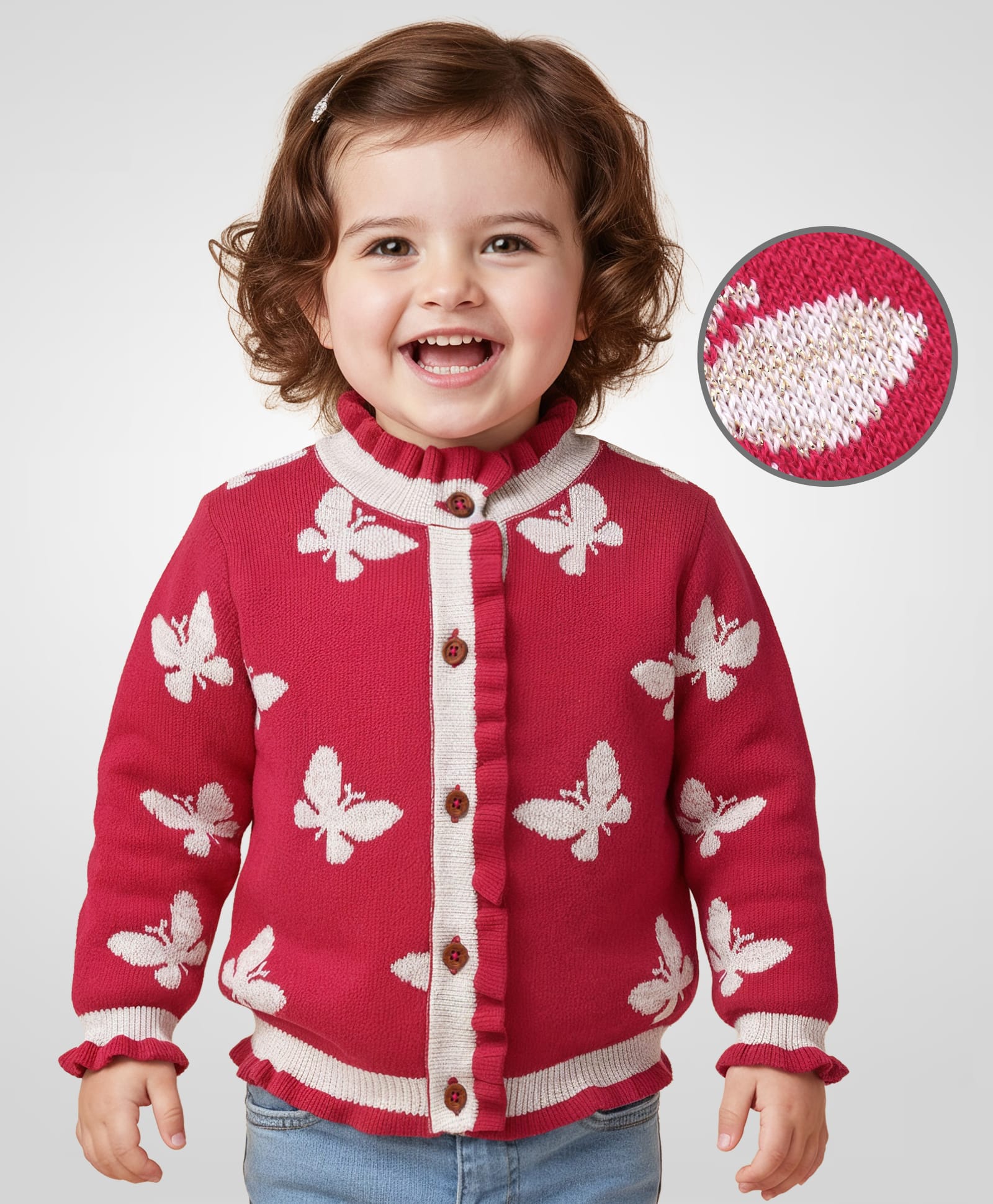Babyoye Cotton Lurex Knit Full Sleeves Front Open Sweater with Butterfly Design & Frill Detailing - Red-picture-10