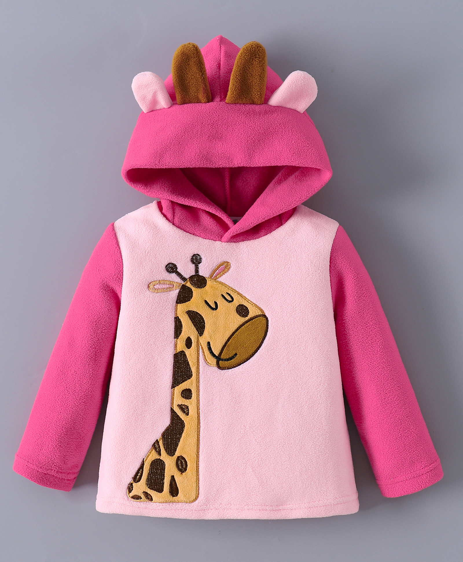 Kookie Kids Full Sleeves Hooded Sweatshirt with Giraffe Print & Ears Applique - Pink-picture-37