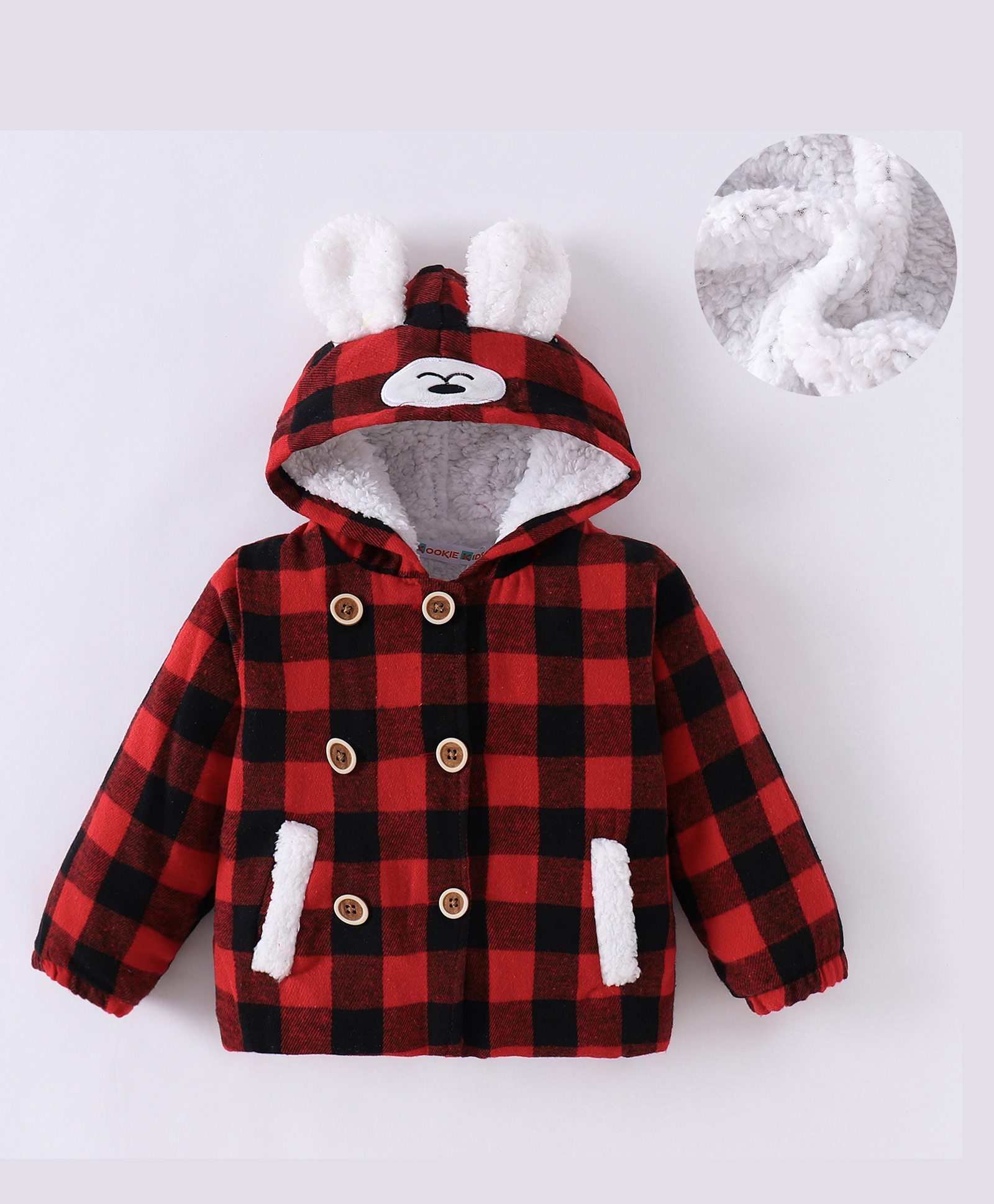 Kookie Kids Full Sleeves Hooded Winter Jacket with Checkered Design & Ears Applique - Red & Black-image-13