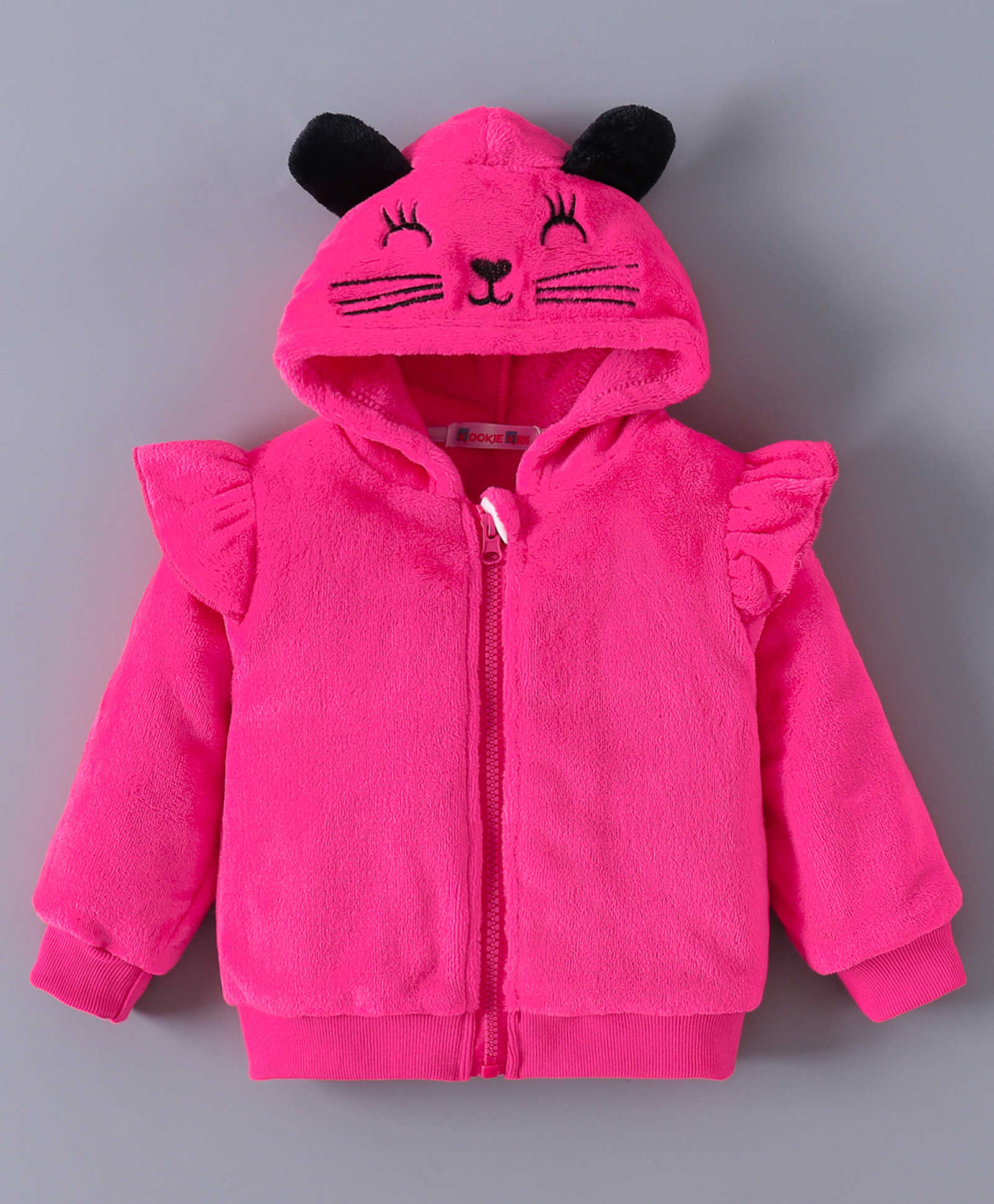 Kookie Kids Full  Sleeves Hooded Jacket with Cat Embroidery & Ears Applique - Dark Pink-image-23