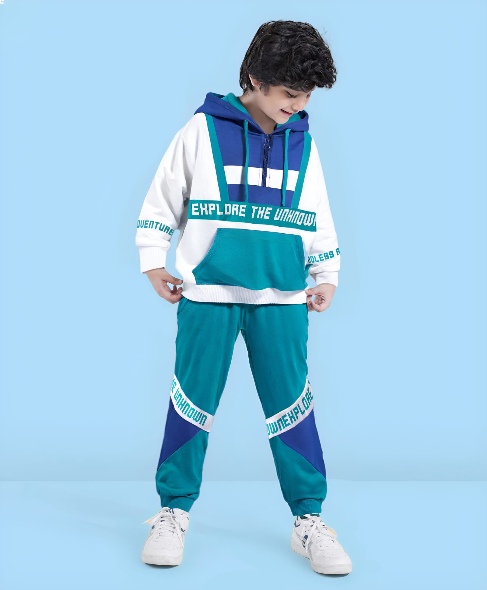 Ollington St. 100% Cotton Knit Full Drop Shoulder Sleeves Hooded Sweatshirt & Joggers Set with Text Print & Kangaroo Pockets - White& Green-image-10