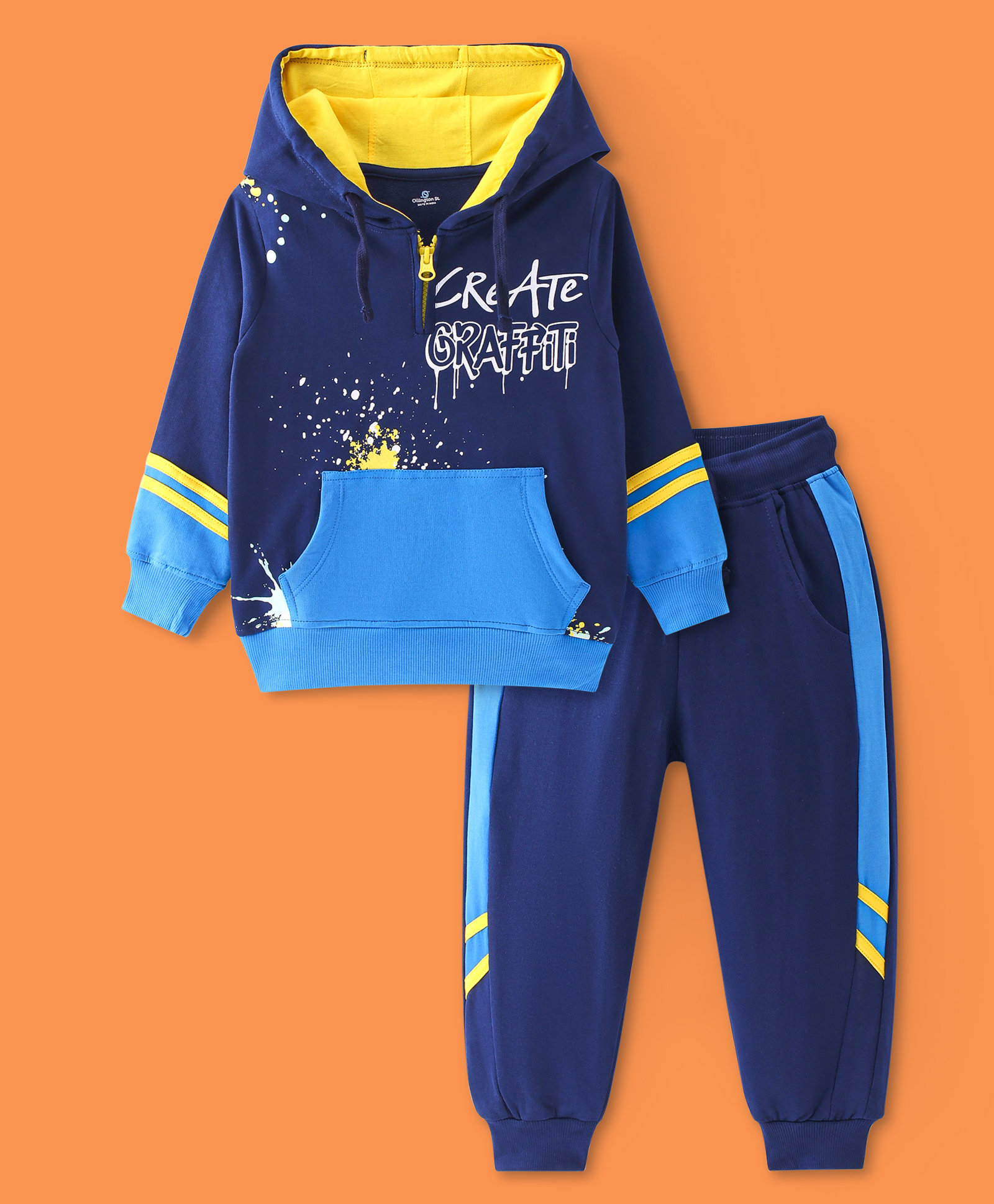 Ollington St. Cotton Knit Full Sleeves Hooded Sweatshirt & Joggers Winter Wear Set With Kangaroo Pocket & Text Print - Navy-image-0