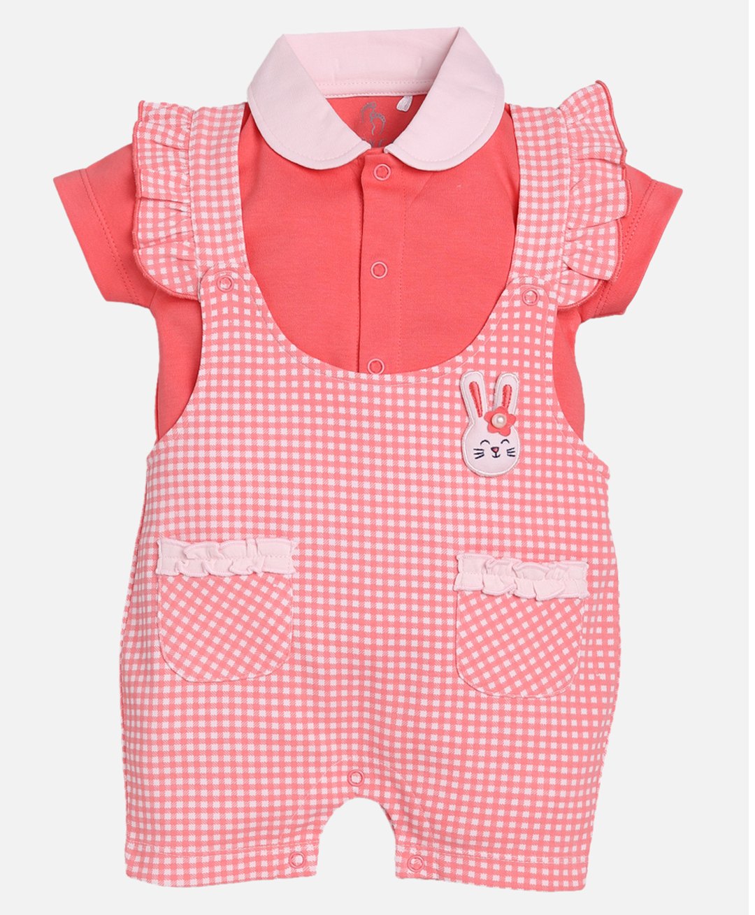 BABY GO Checked Bunny Patch Detailed Dungaree With Half Sleeves Shirt- Red-picture-7