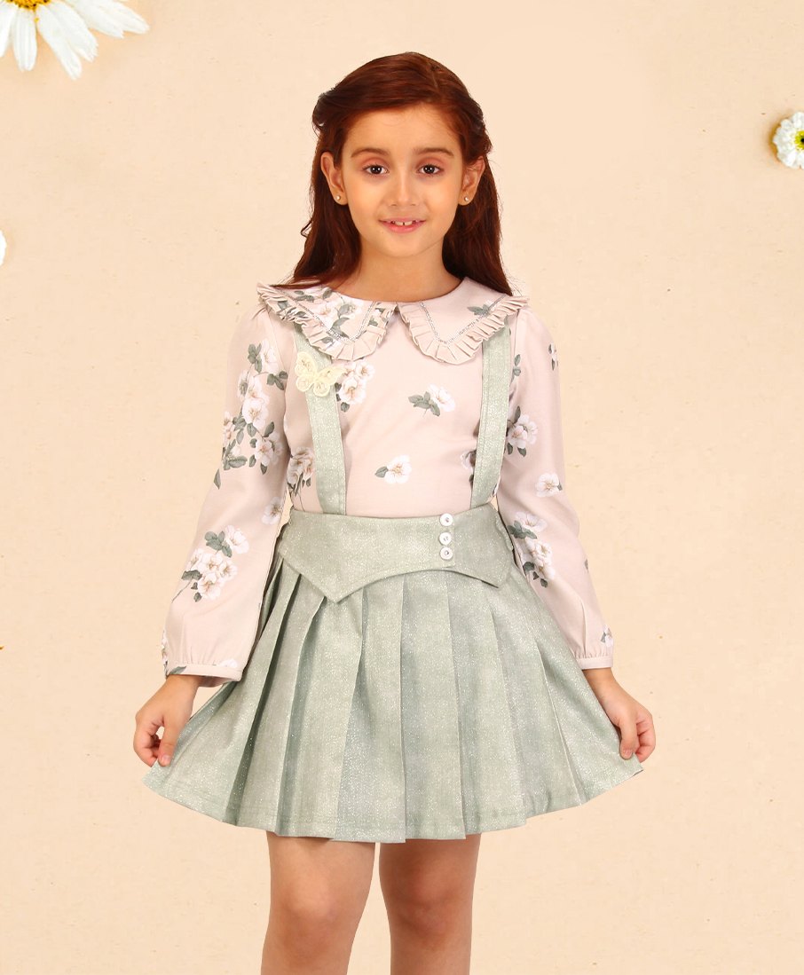 Cutecumber Full Sleeves Floral Printed Top With Skirt Set - Green-image-16