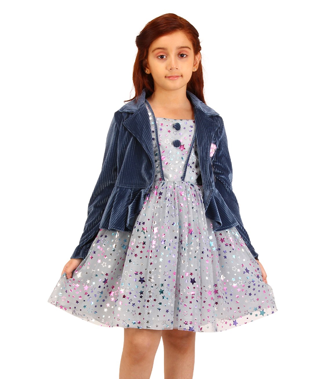 Cutecumber  Stars Foil Printed Dress With  Full Sleeves Velvet Shrug - Grey-image-17