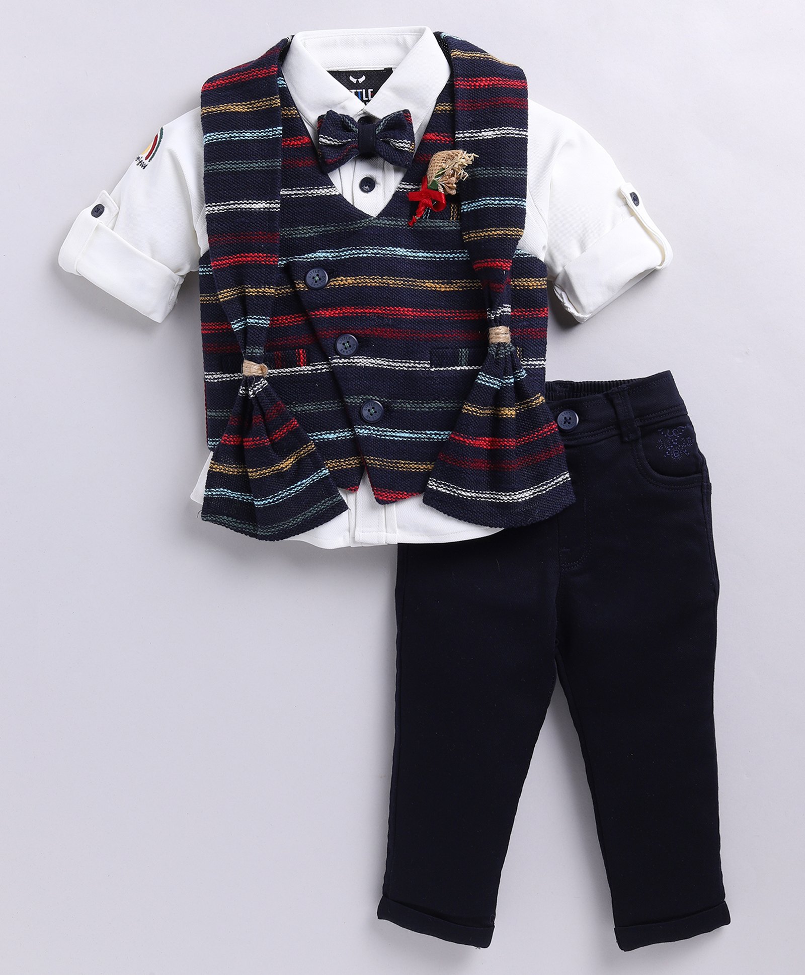 LITTLE COLLARS Cotton Full Sleeves Solid Shirt Pant With Striped Waistcoat Stole & Bow - Navy Blue-picture-21
