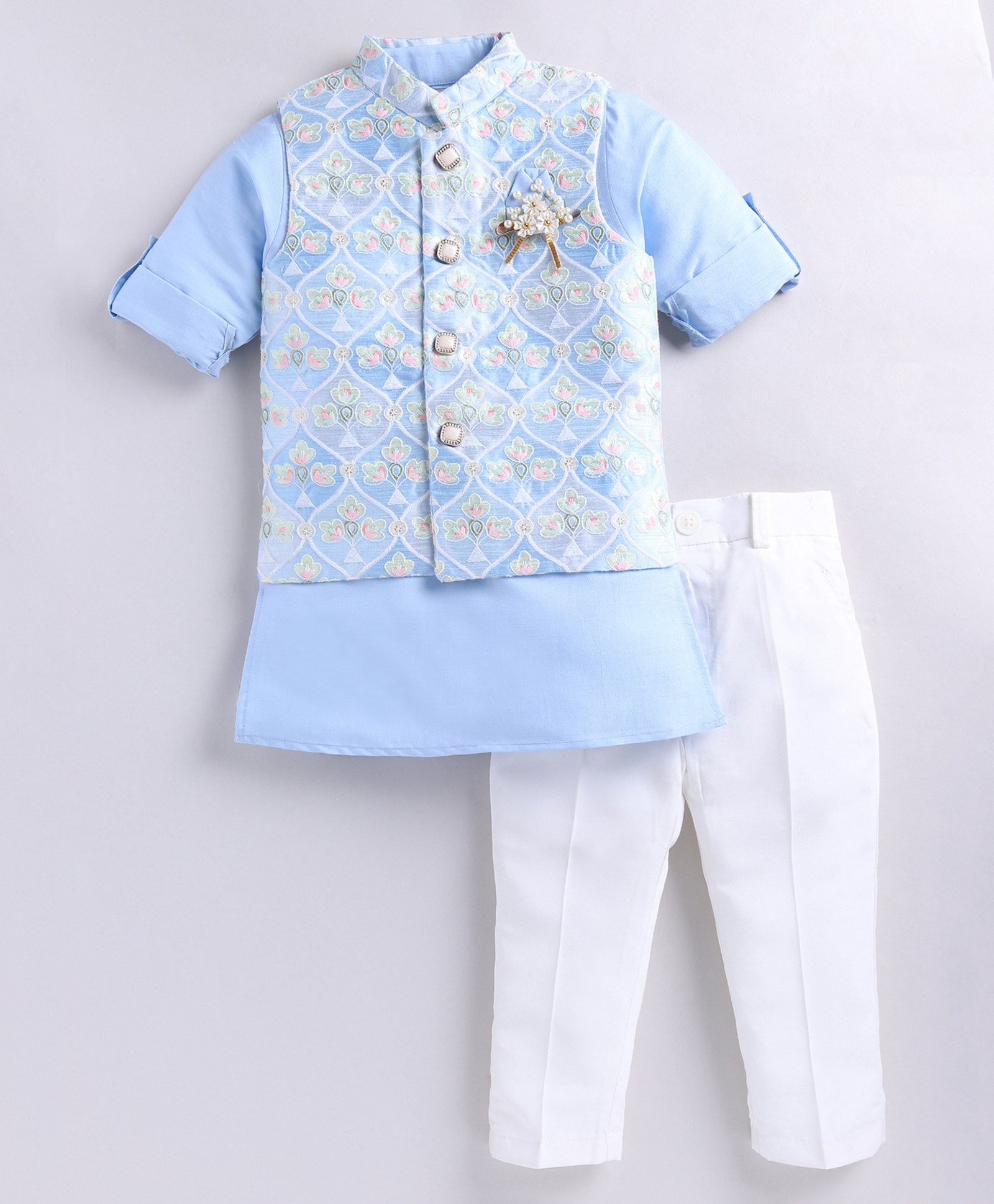 LITTLE COLLARS Full Sleeves Gota Lace Embellished Kurta With Floral Embroidered Jacket & Solid Pyjama - Blue-image-26
