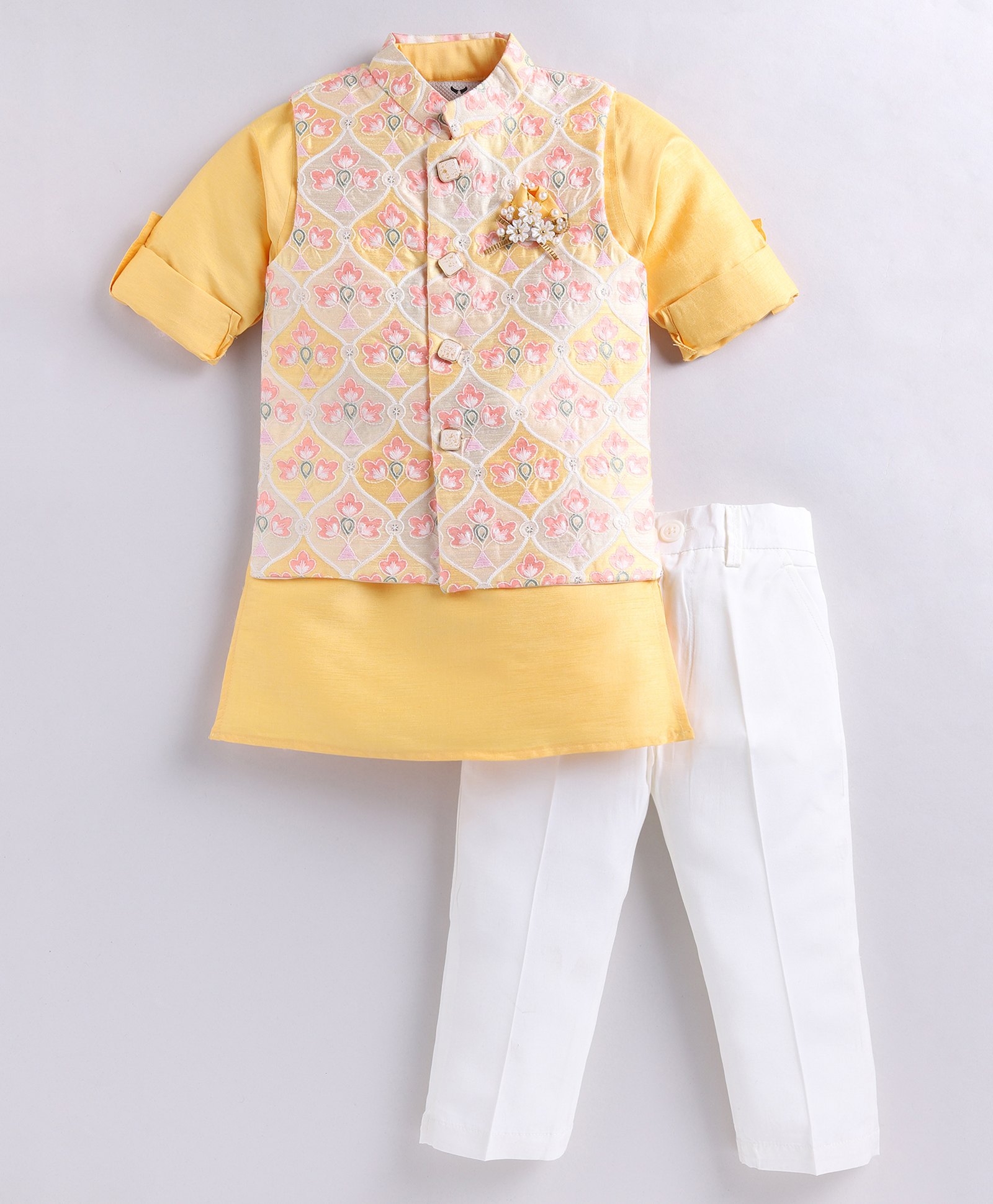 LITTLE COLLARS Full Sleeves Gota Lace Embellished Kurta With Floral Embroidered Jacket & Solid Pyjama - Yellow-image-47