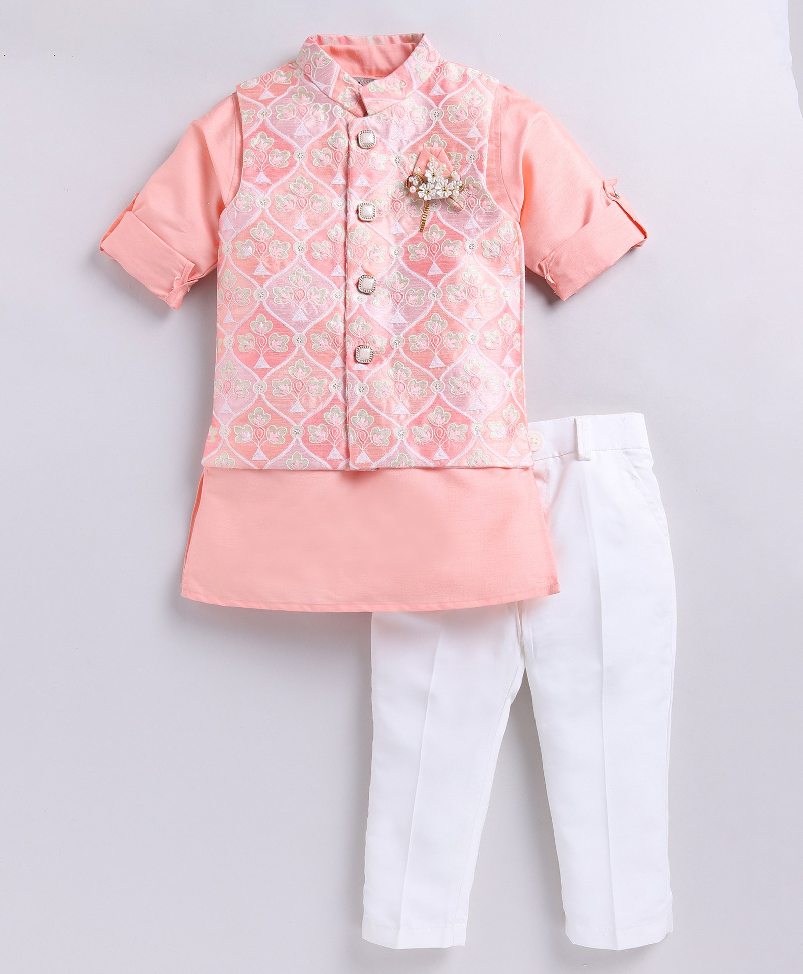 LITTLE COLLARS Full Sleeves Gota Lace Embellished Kurta With Floral Embroidered Jacket & Solid Pyjama - Peach-image-25