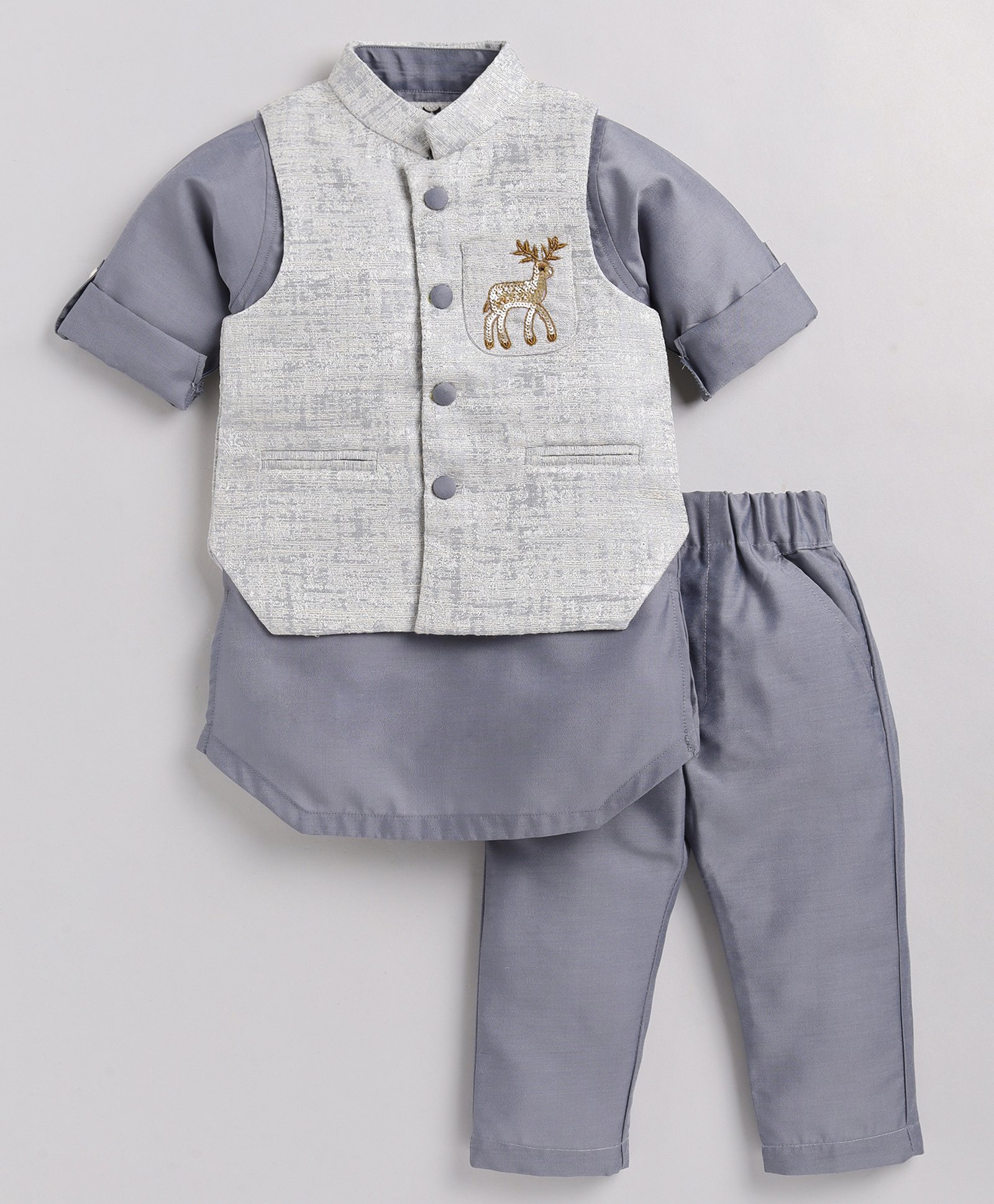 LITTLE COLLARS Full Sleeves Solid Kurta Pyjama With Animal Sequin Embellished Jacket - Grey-picture-10