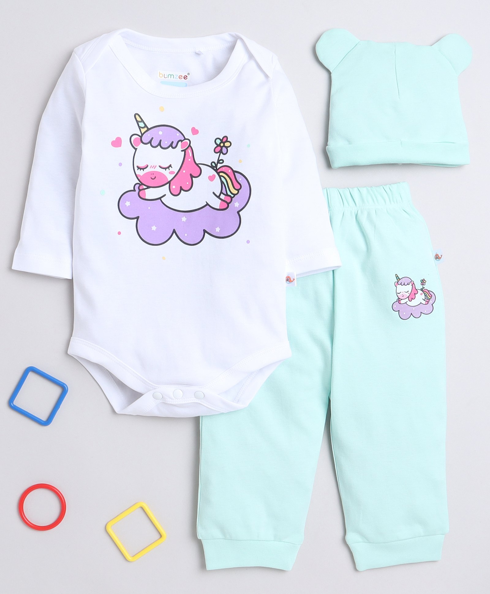 BUMZEE Cotton Full Sleeves Unicorn Printed Onesie & Joggers Set With Cap - Mint Green & White-image-44