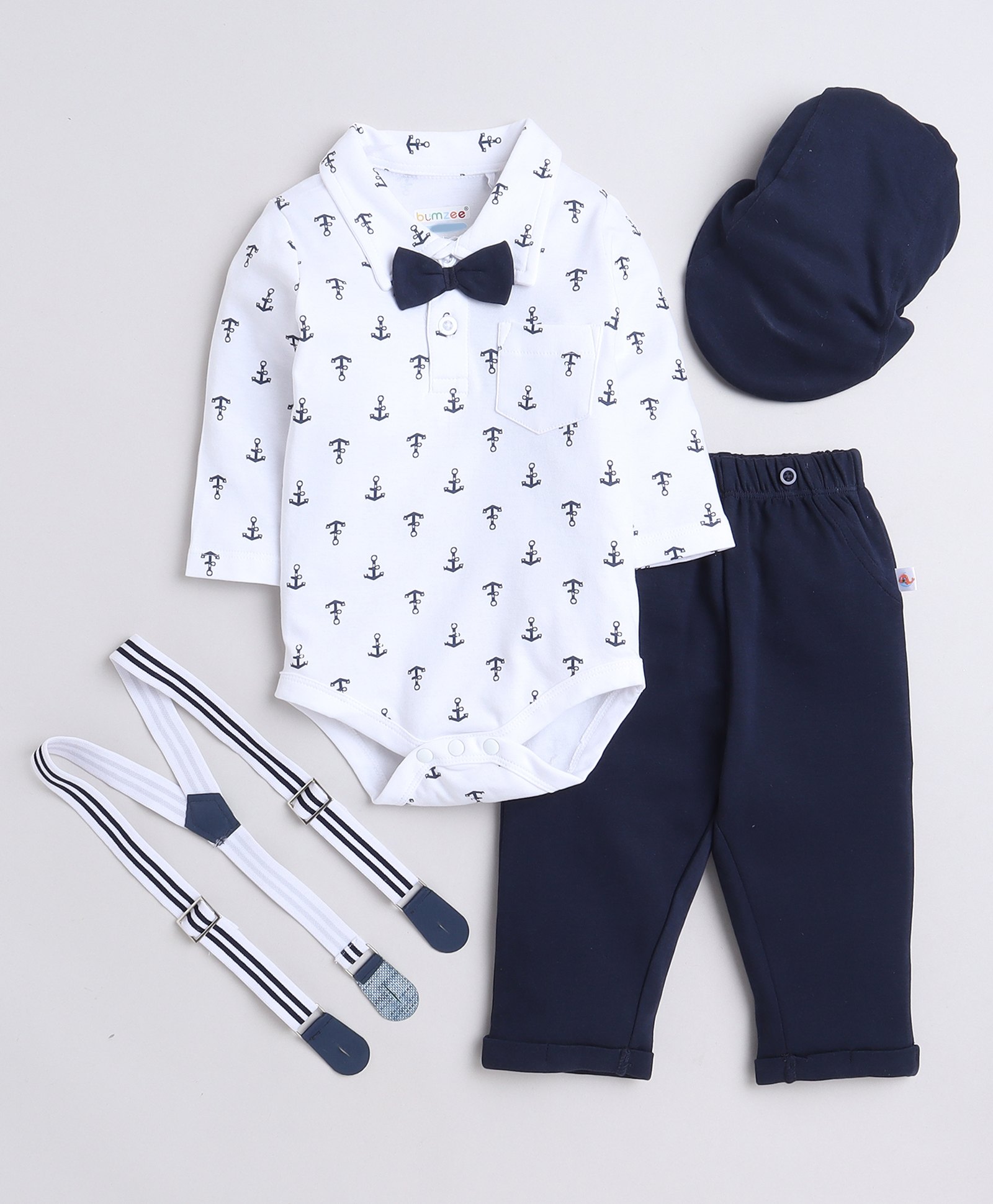BUMZEE Cotton Full Sleeves Anchors Printed Onesie With Solid Pant Cap & Suspender Set - Navy & White-picture-20