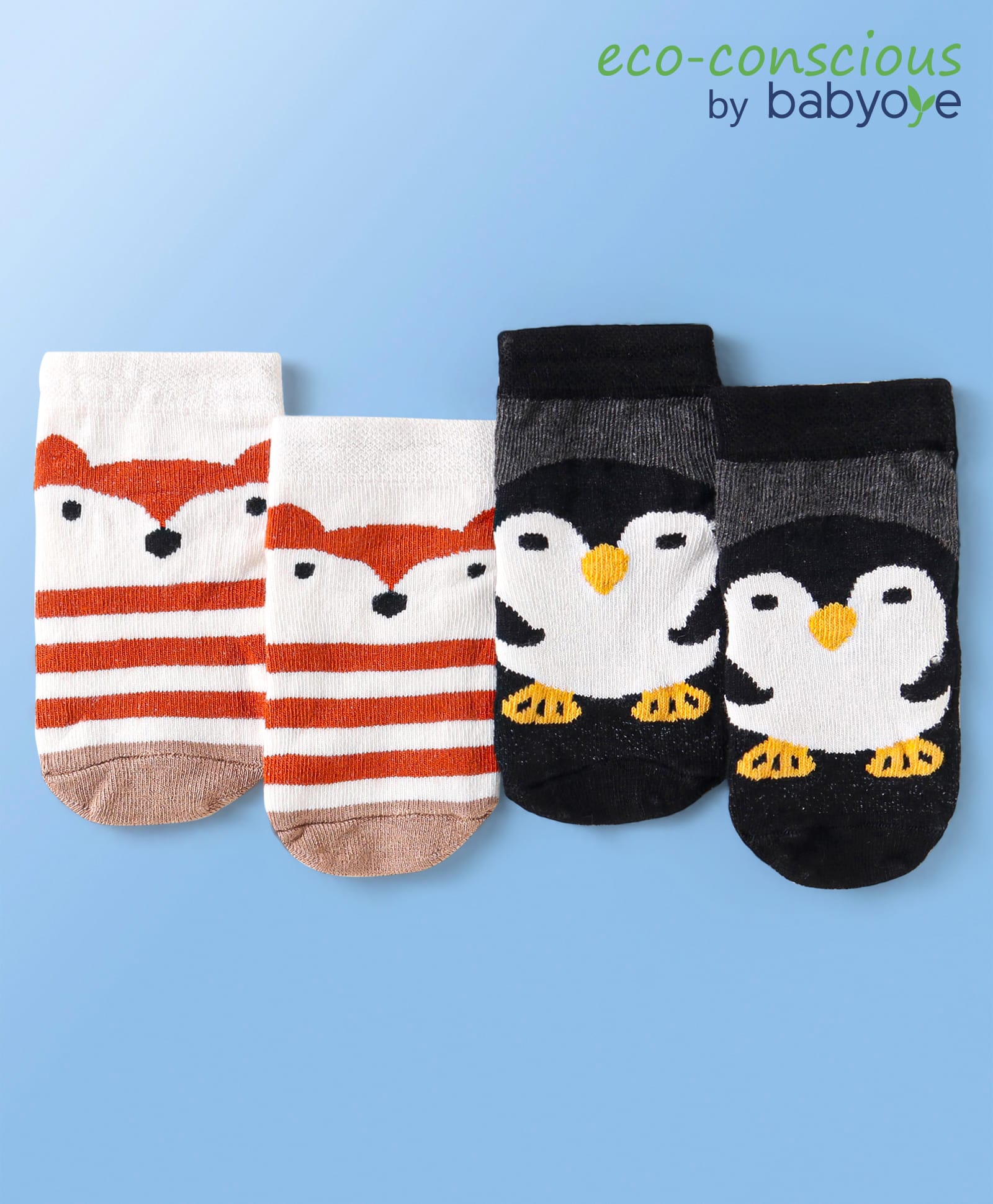 Babyoye Cotton Bamboo Knit Regular Socks with Penguin & Fox Design Pack Of 2- Black White & Red-picture-11
