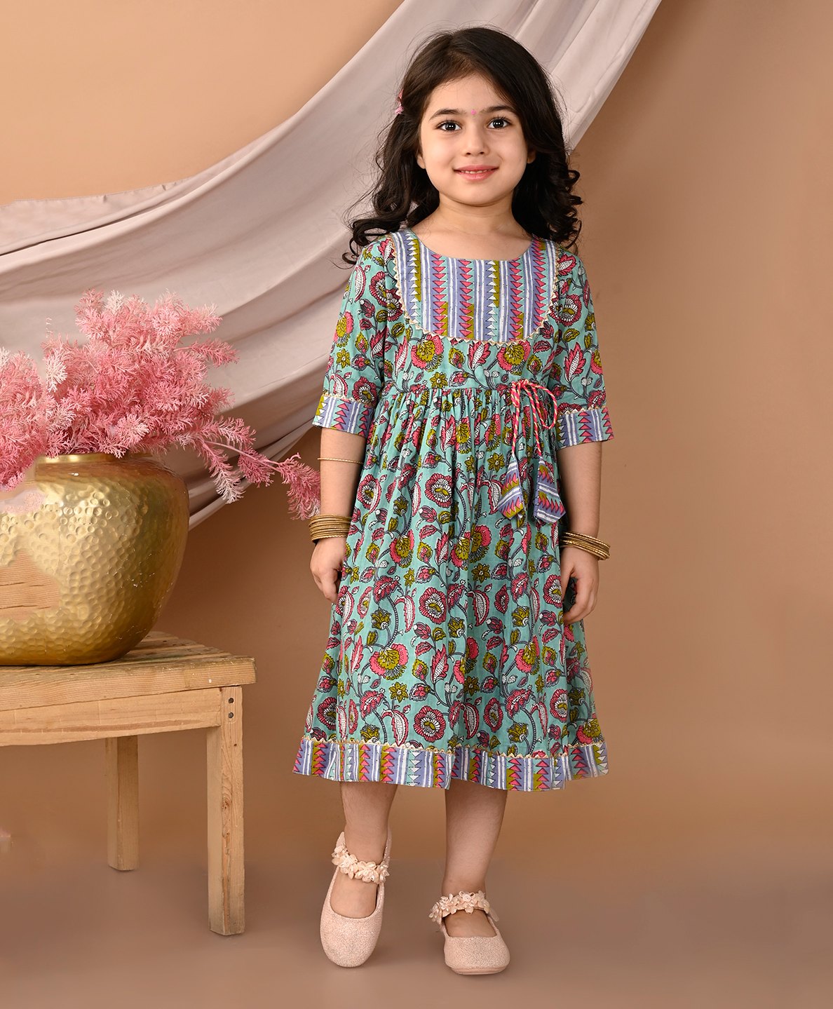 Kinder Kids Half Sleeves Lace Embellished & Floral Printed Dress - Blue-image-46