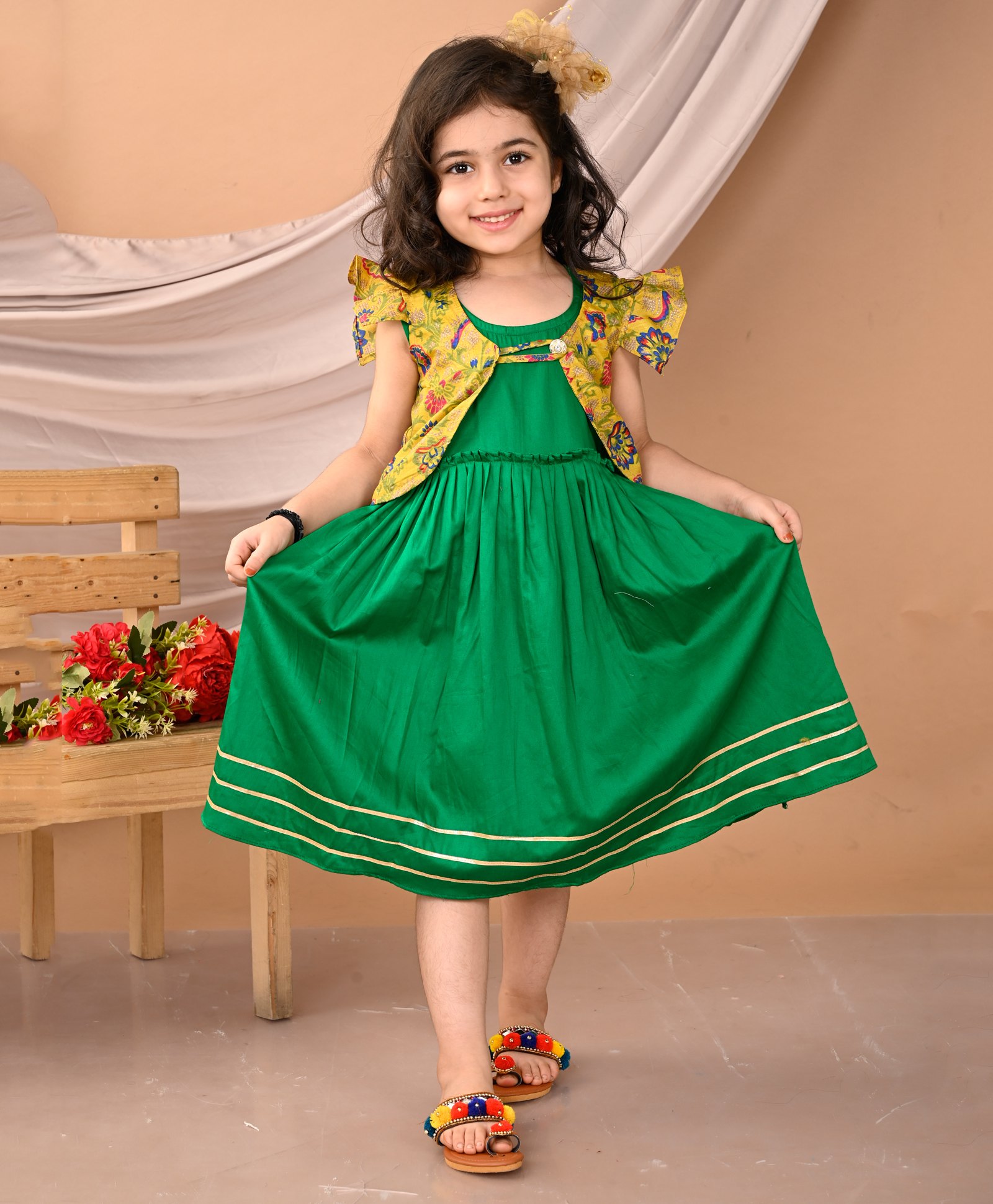 Kinder Kids Lace Embellished Dress With Frill Sleeves Floral Printed Jacket - Green & Yellow-image-1