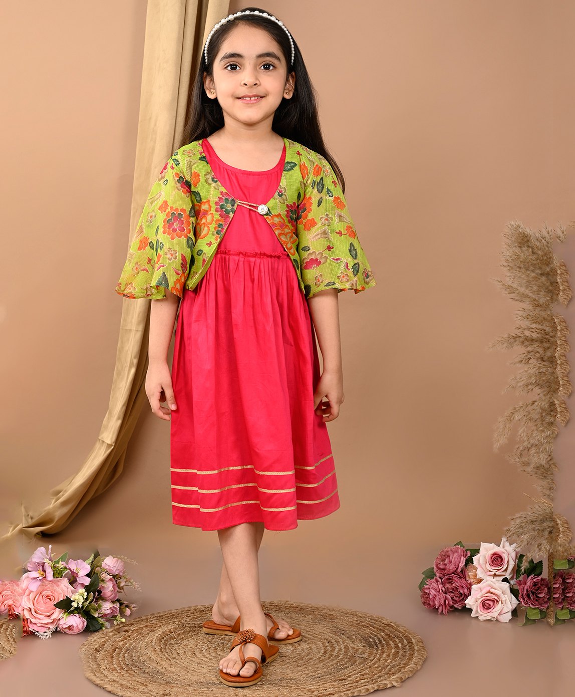 Kinder Kids Cotton Half Sleeves Floral Printed Jacket With Lace Embellished Dress - Pink & Green-image-48
