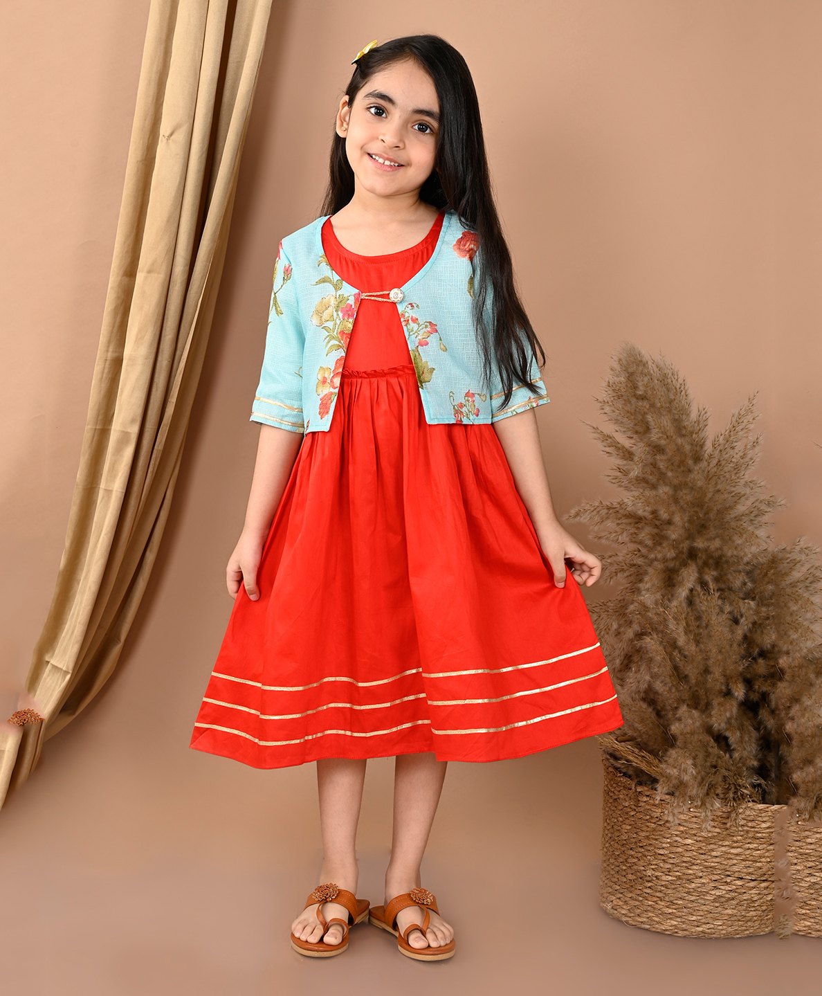 Kinder Kids Cotton Three Fourth Sleeves Lace Embellished Dress With Floral Printed Jacket- Red & Blue-image-8
